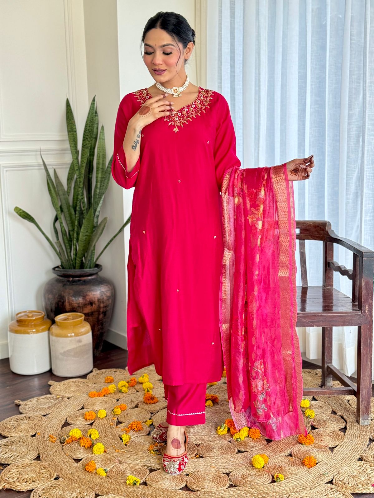 The52 Women's Beautiful Viscose Embroidery work Straight Kurta with Pant and Dupatta Set - Swadesiicart