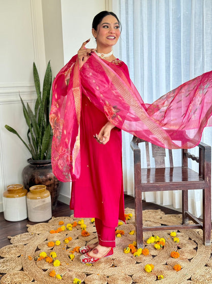 The52 Women's Beautiful Viscose Embroidery work Straight Kurta with Pant and Dupatta Set - Swadesiicart