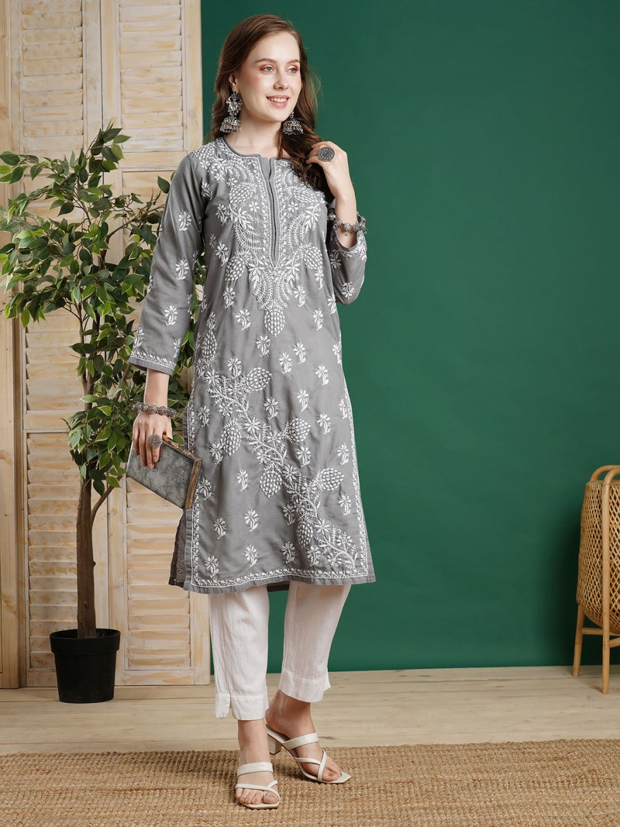 ADA Women Grey & White Chikankari Embroidered Straight Kurta | Swadesiicart