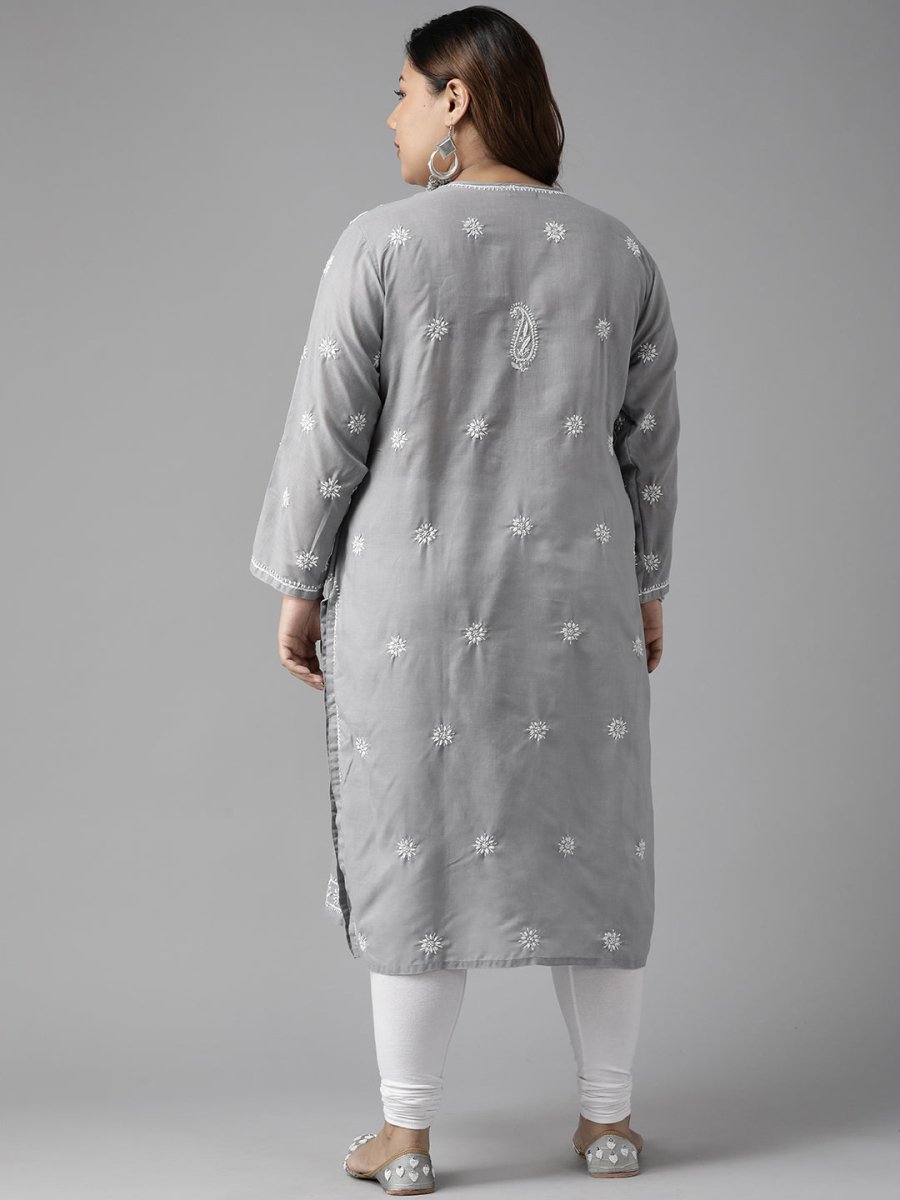 ADA Women Plus Size Grey Floral Embroidered Chikankari Kurta | Swadesiicart