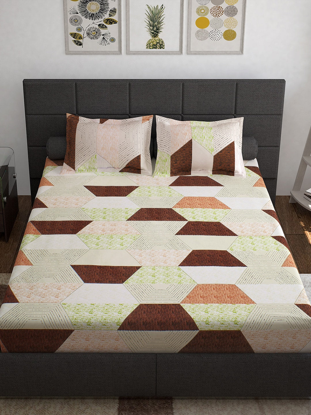 Story@home Cream-Coloured Geometric 152 TC Cotton 1 Queen Bedsheet with 2 Pillow Covers - Swadesiicart