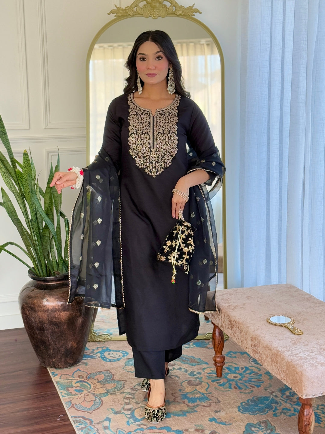 The52 Women Embroidery Work with Viscose Fabric Straight Kurta, Pant and Dupatta Set - Swadesiicart