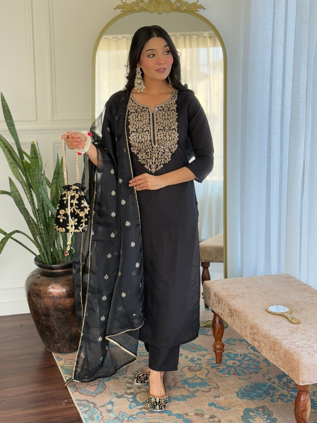 The52 Women Embroidery Work with Viscose Fabric Straight Kurta, Pant and Dupatta Set - Swadesiicart