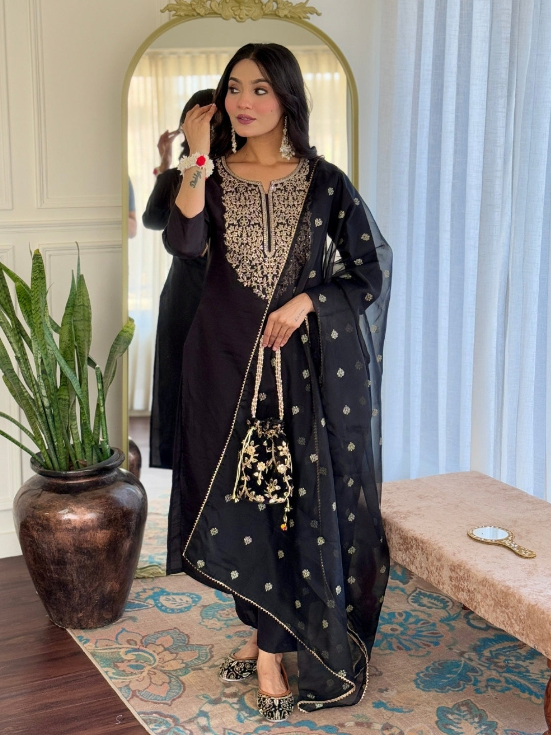 The52 Women Embroidery Work with Viscose Fabric Straight Kurta, Pant and Dupatta Set - Swadesiicart