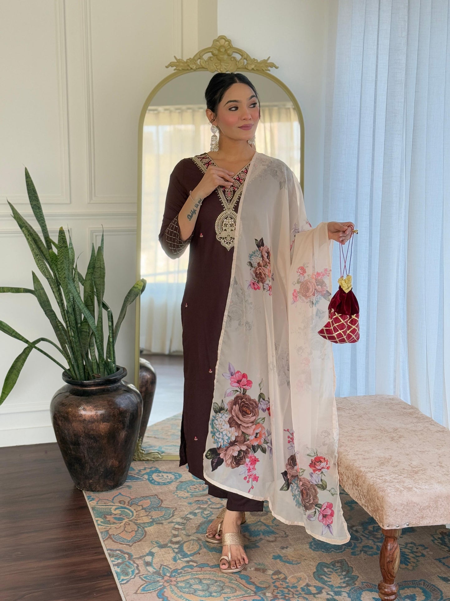 The52 Women's Rayon Slub Embroidery work Straight Kurta with Pant and Dupatta Set - Swadesiicart