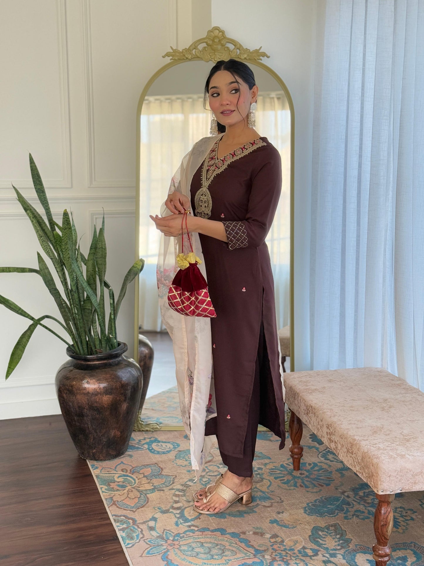 The52 Women's Rayon Slub Embroidery work Straight Kurta with Pant and Dupatta Set - Swadesiicart