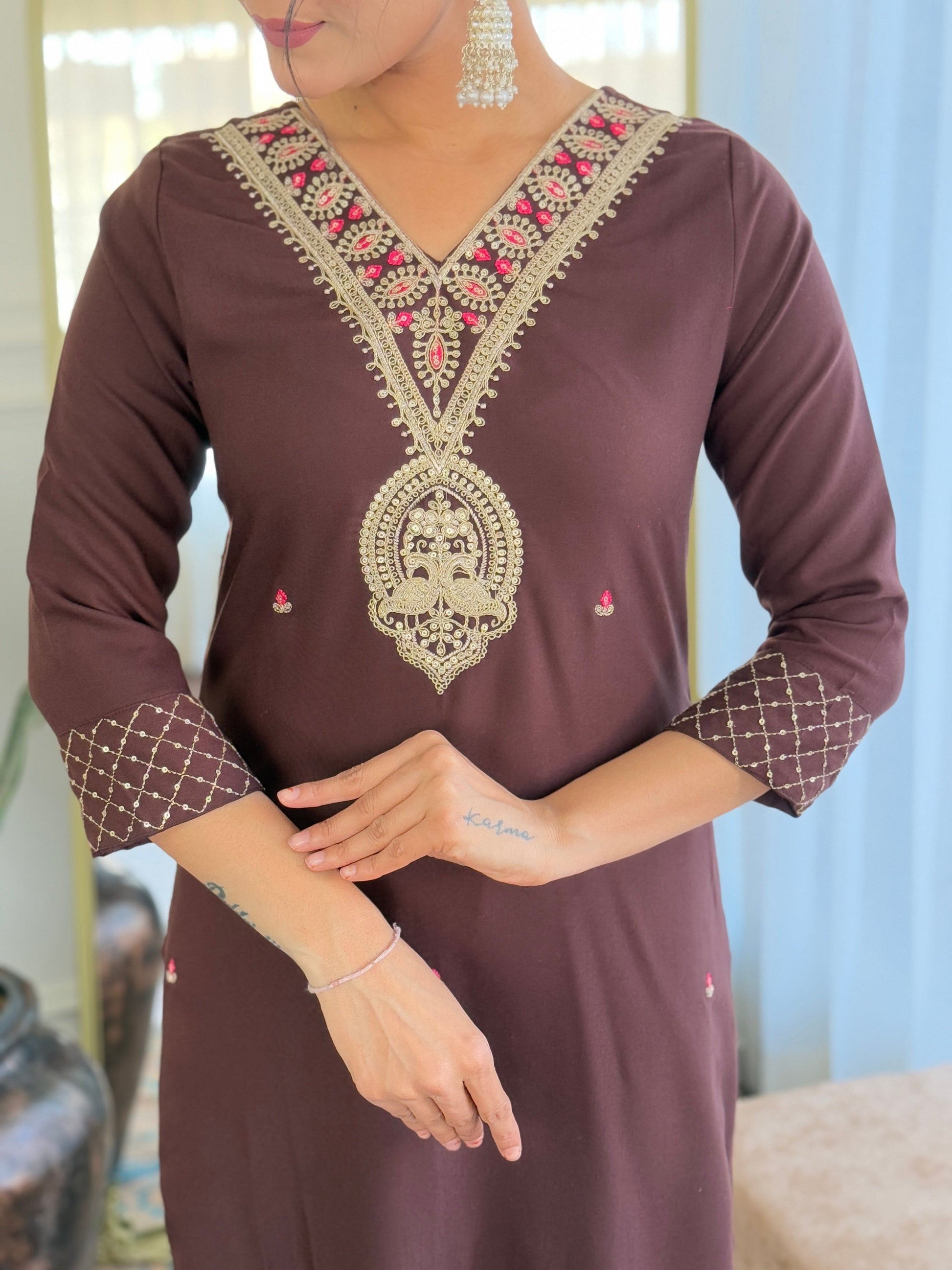 The52 Women's Rayon Slub Embroidery work Straight Kurta with Pant and Dupatta Set - Swadesiicart