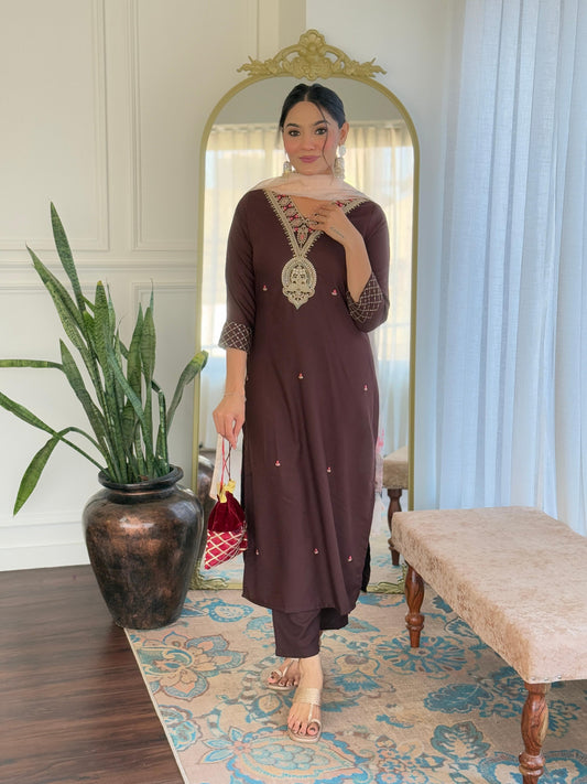 The52 Women's Rayon Slub Embroidery work Straight Kurta with Pant and Dupatta Set - Swadesiicart