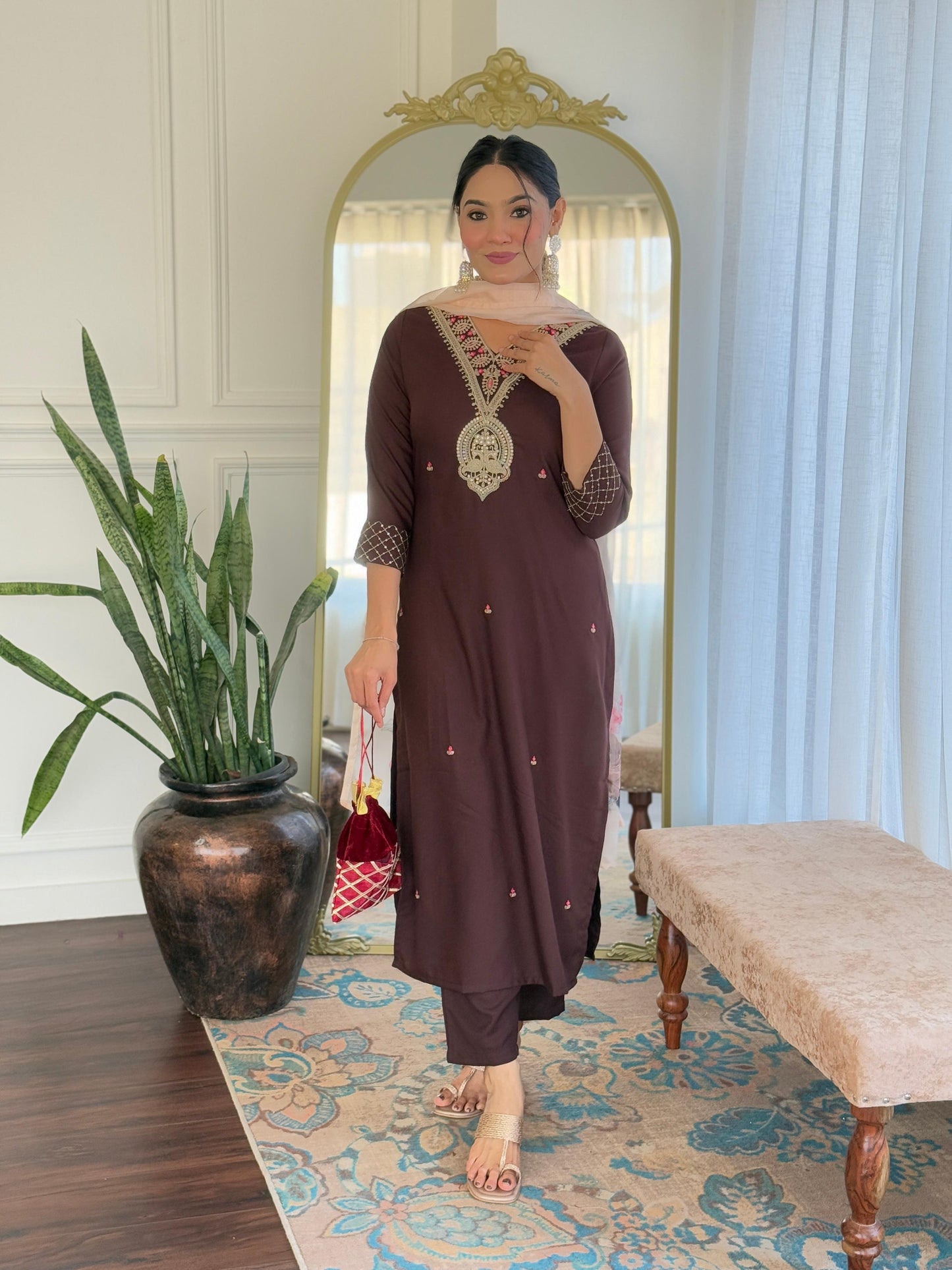 The52 Women's Rayon Slub Embroidery work Straight Kurta with Pant and Dupatta Set - Swadesiicart