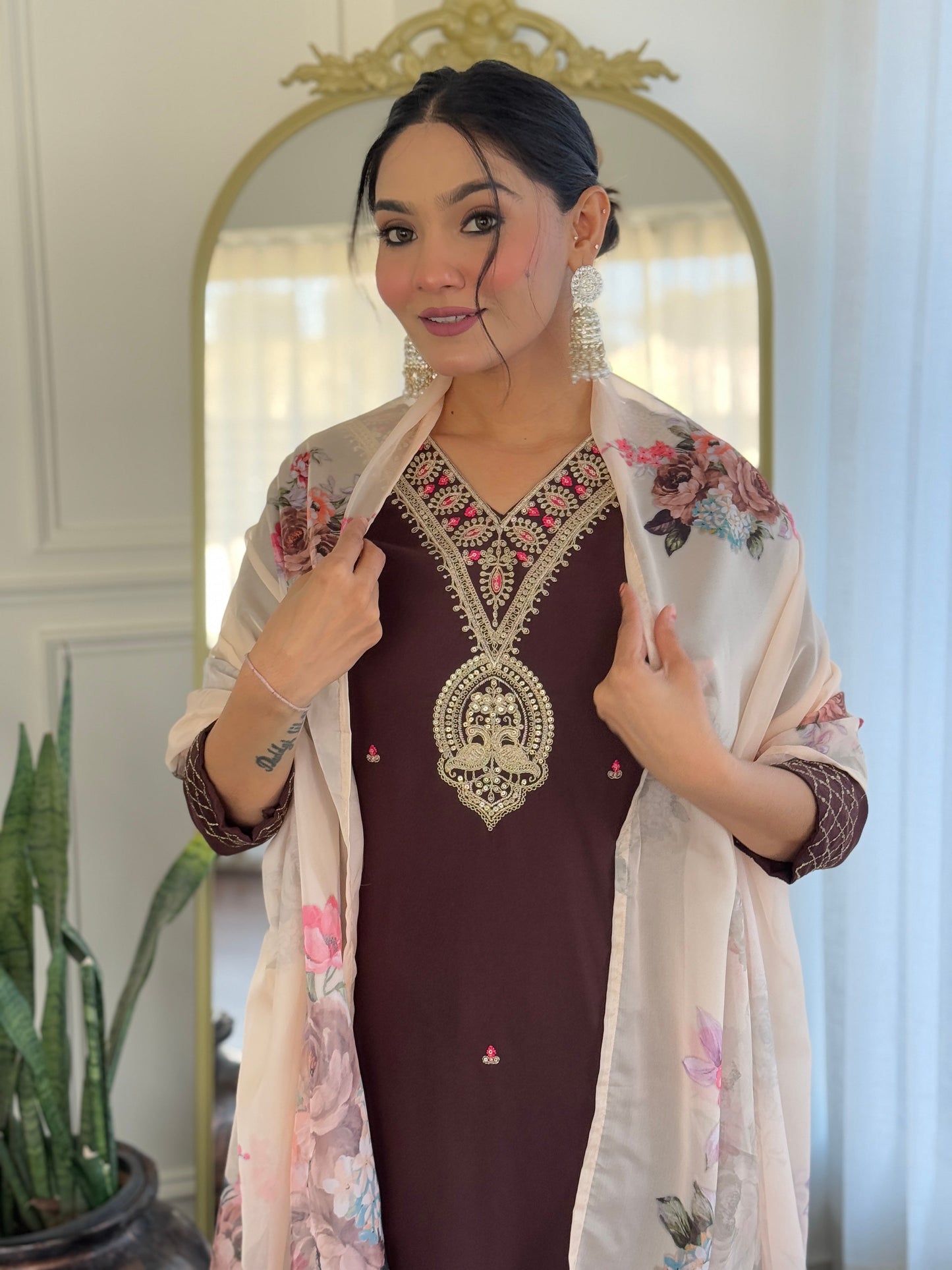 The52 Women's Rayon Slub Embroidery work Straight Kurta with Pant and Dupatta Set - Swadesiicart