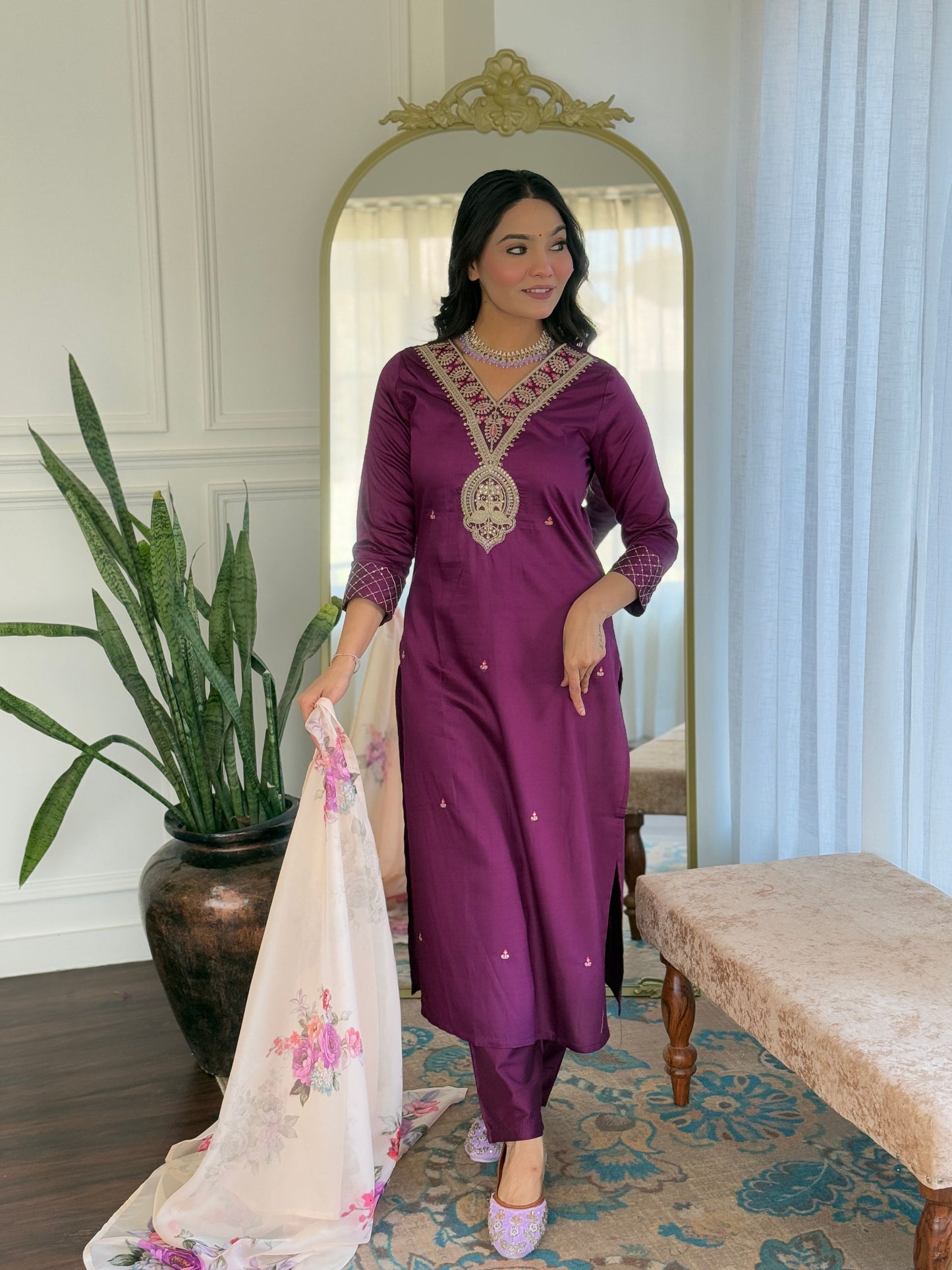 The52 Women's Rayon Slub Embroidery work Straight Kurta with Pant and Dupatta Set - Swadesiicart