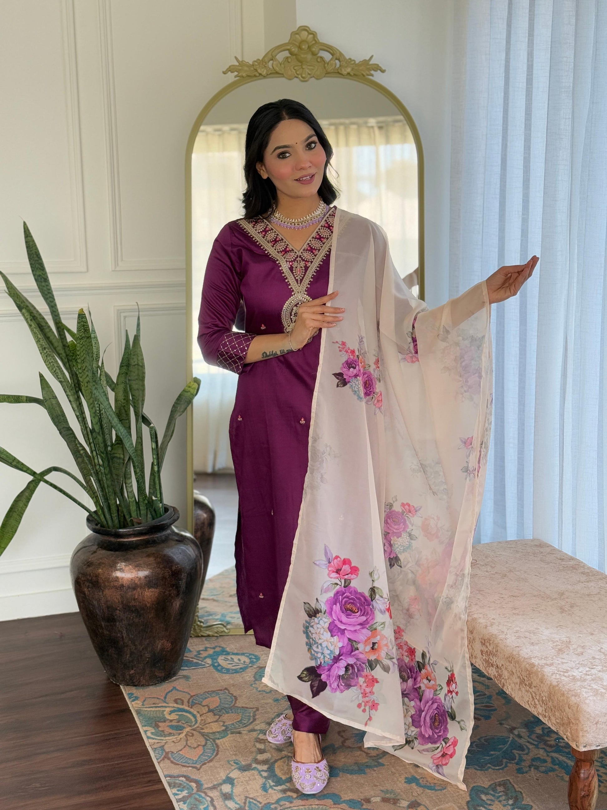 The52 Women's Rayon Slub Embroidery work Straight Kurta with Pant and Dupatta Set - Swadesiicart