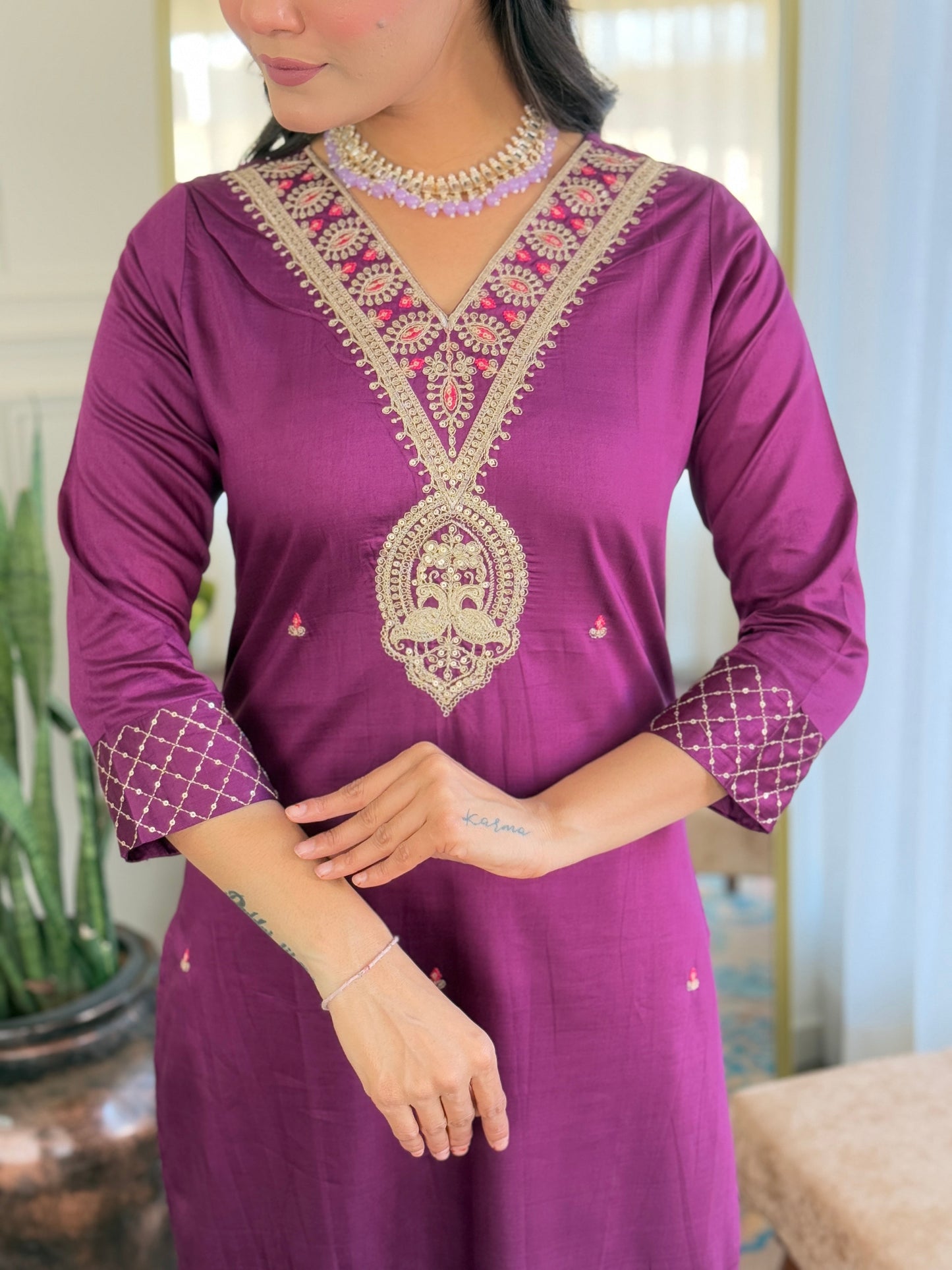 The52 Women's Rayon Slub Embroidery work Straight Kurta with Pant and Dupatta Set - Swadesiicart