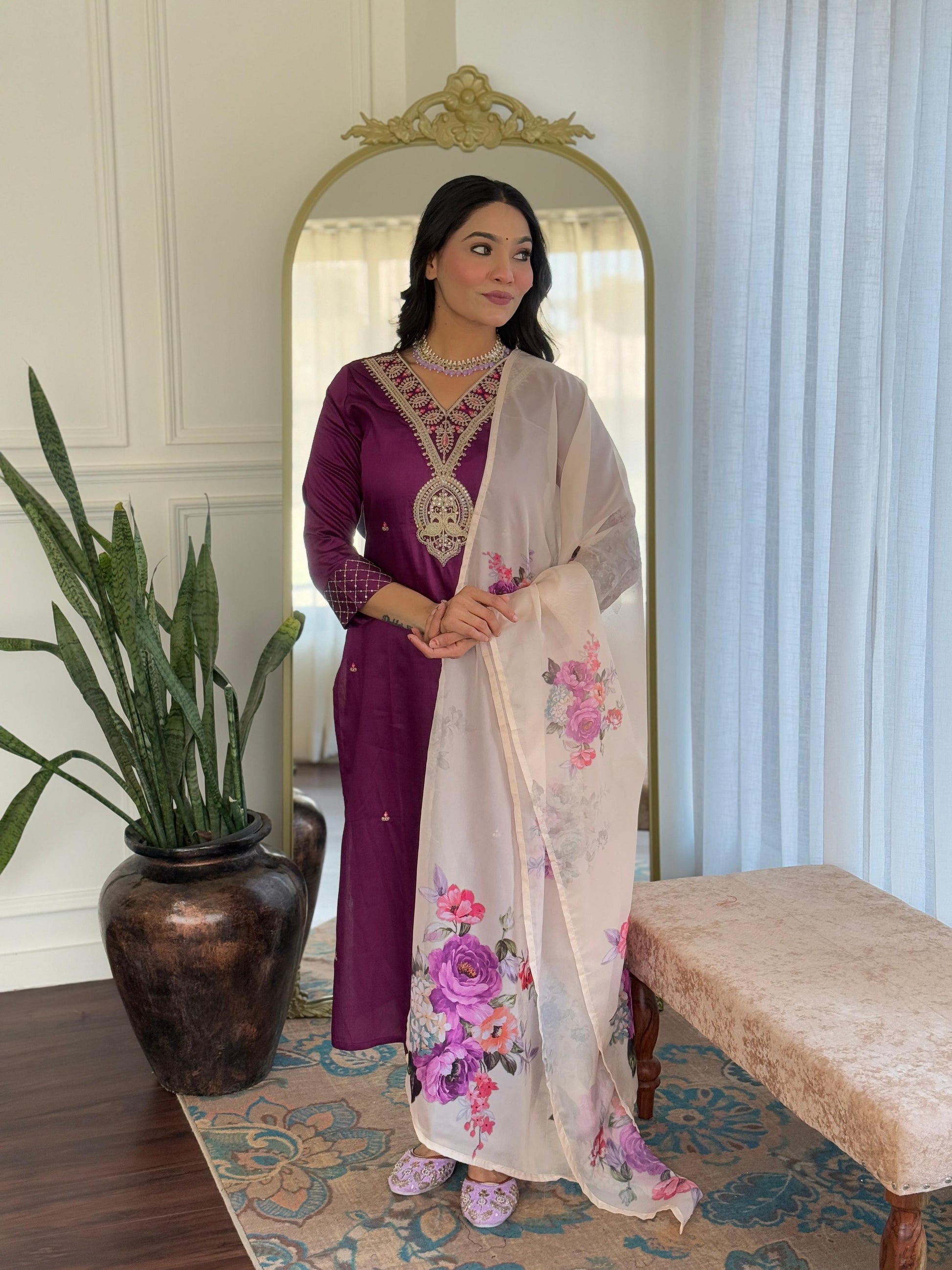 The52 Women's Rayon Slub Embroidery work Straight Kurta with Pant and Dupatta Set - Swadesiicart
