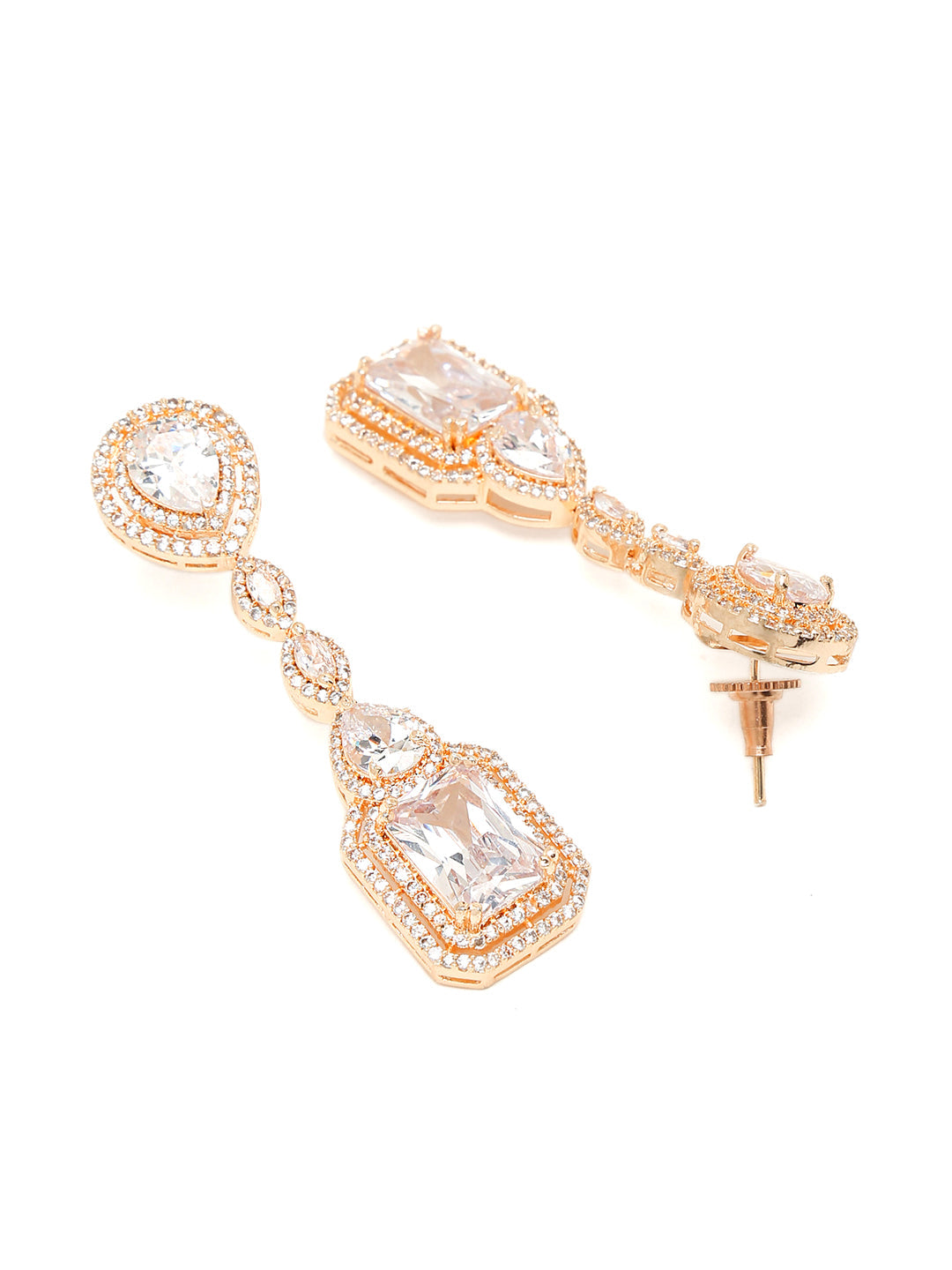 Yellow Chimes Rhodium-Plated Rose-Gold White AD-Studded Drop Earrings | Swadesiicart