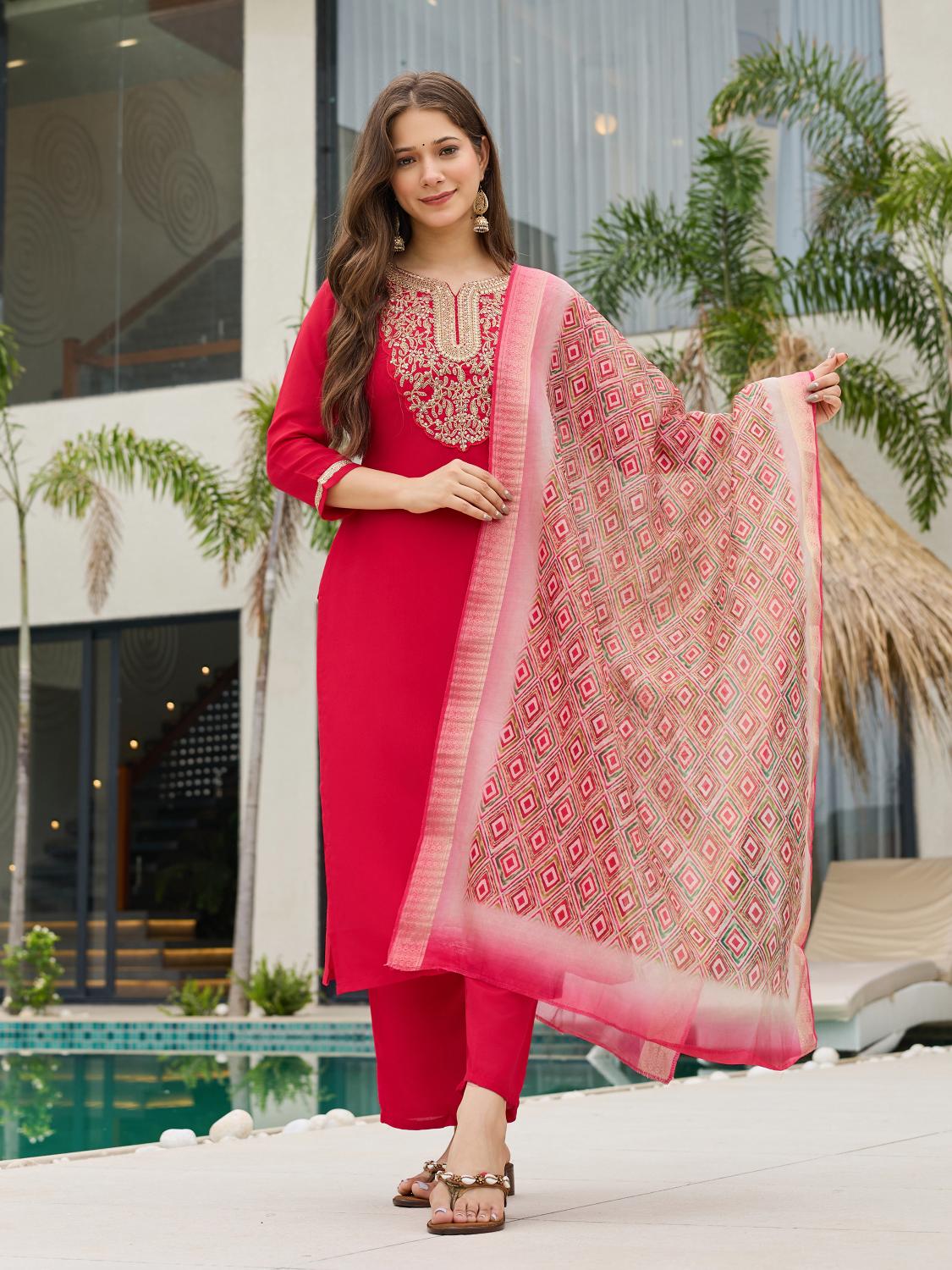 The52 Women's Beautiful Rayon Embroidery work Straight Kurta with Pant and Dupatta Set - Swadesiicart
