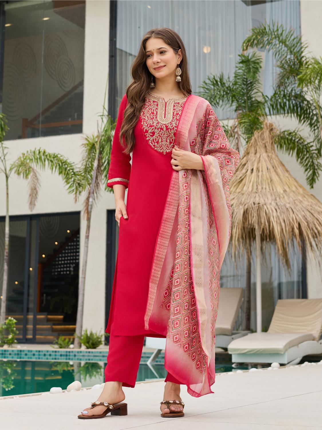 The52 Women's Beautiful Rayon Embroidery work Straight Kurta with Pant and Dupatta Set - Swadesiicart
