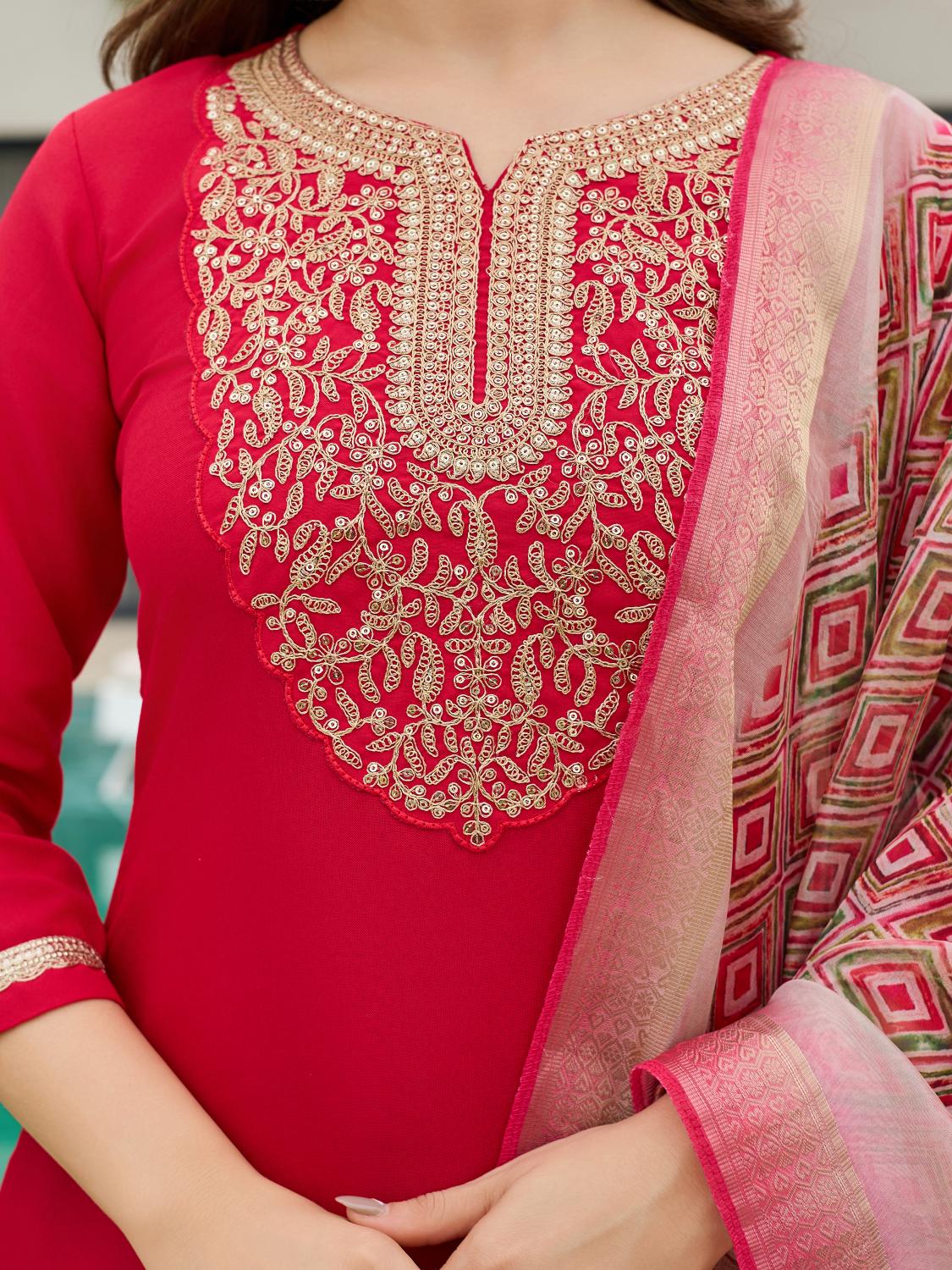 The52 Women's Beautiful Rayon Embroidery work Straight Kurta with Pant and Dupatta Set - Swadesiicart