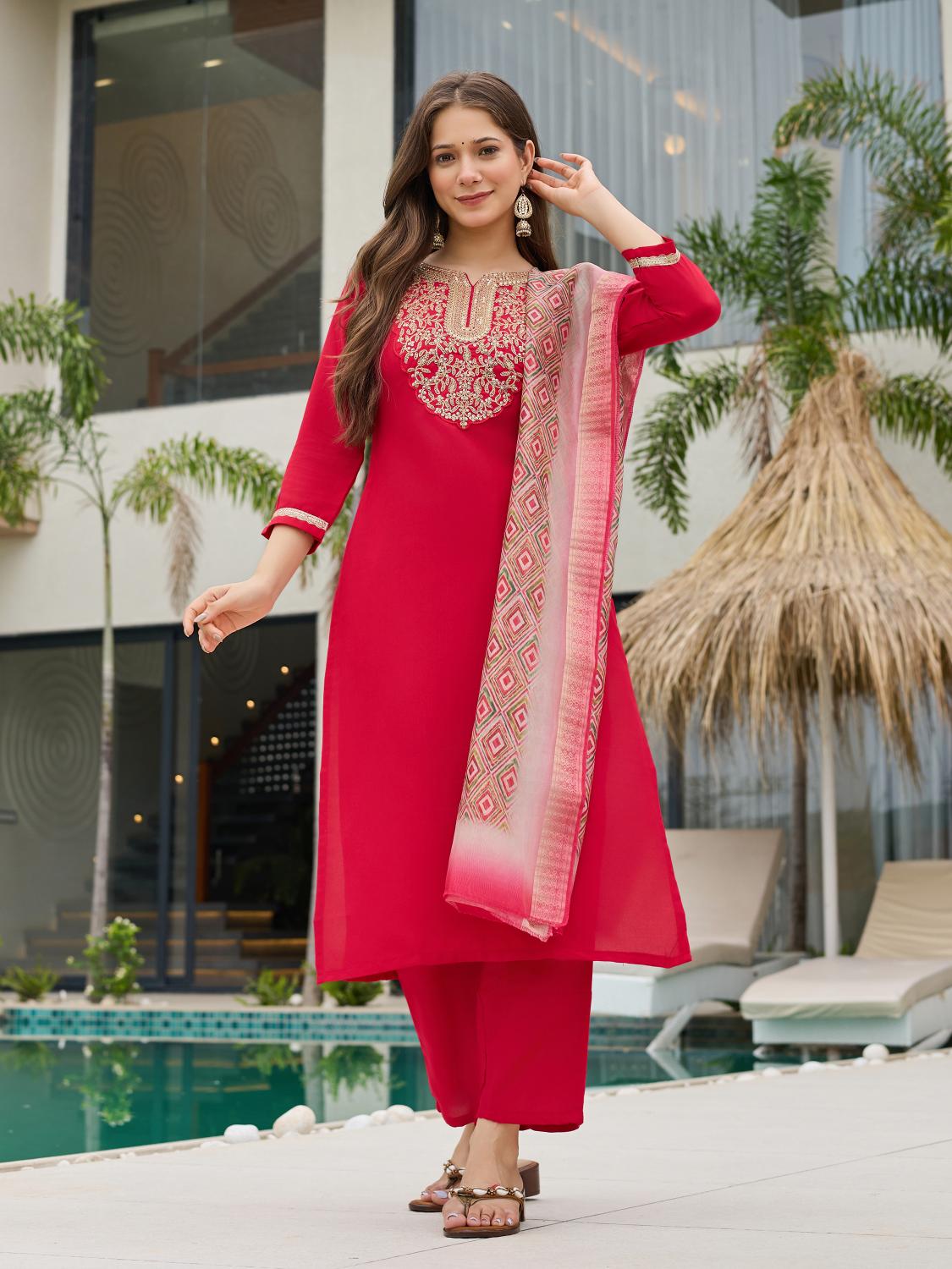 The52 Women's Beautiful Rayon Embroidery work Straight Kurta with Pant and Dupatta Set - Swadesiicart