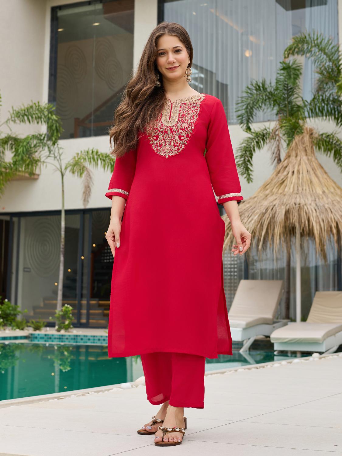 The52 Women's Beautiful Rayon Embroidery work Straight Kurta with Pant and Dupatta Set - Swadesiicart