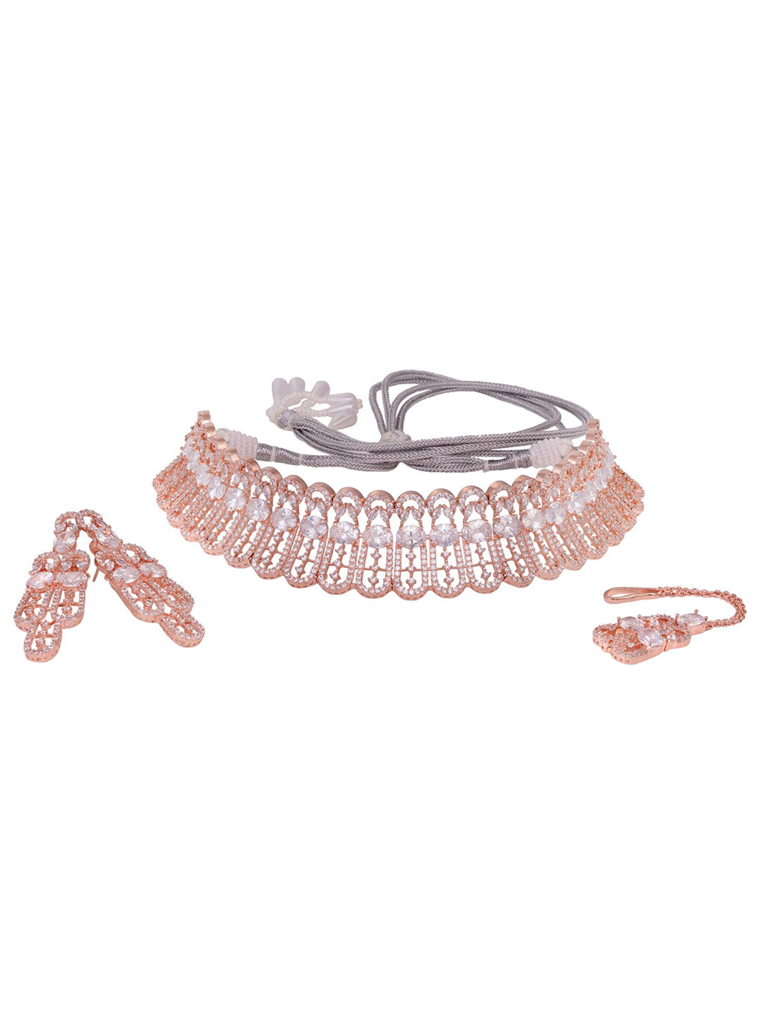 Saraf RS Jewellery Rose Gold-Polished White AD Studded Jewellery Set With Maang Tika - Swadesiicart