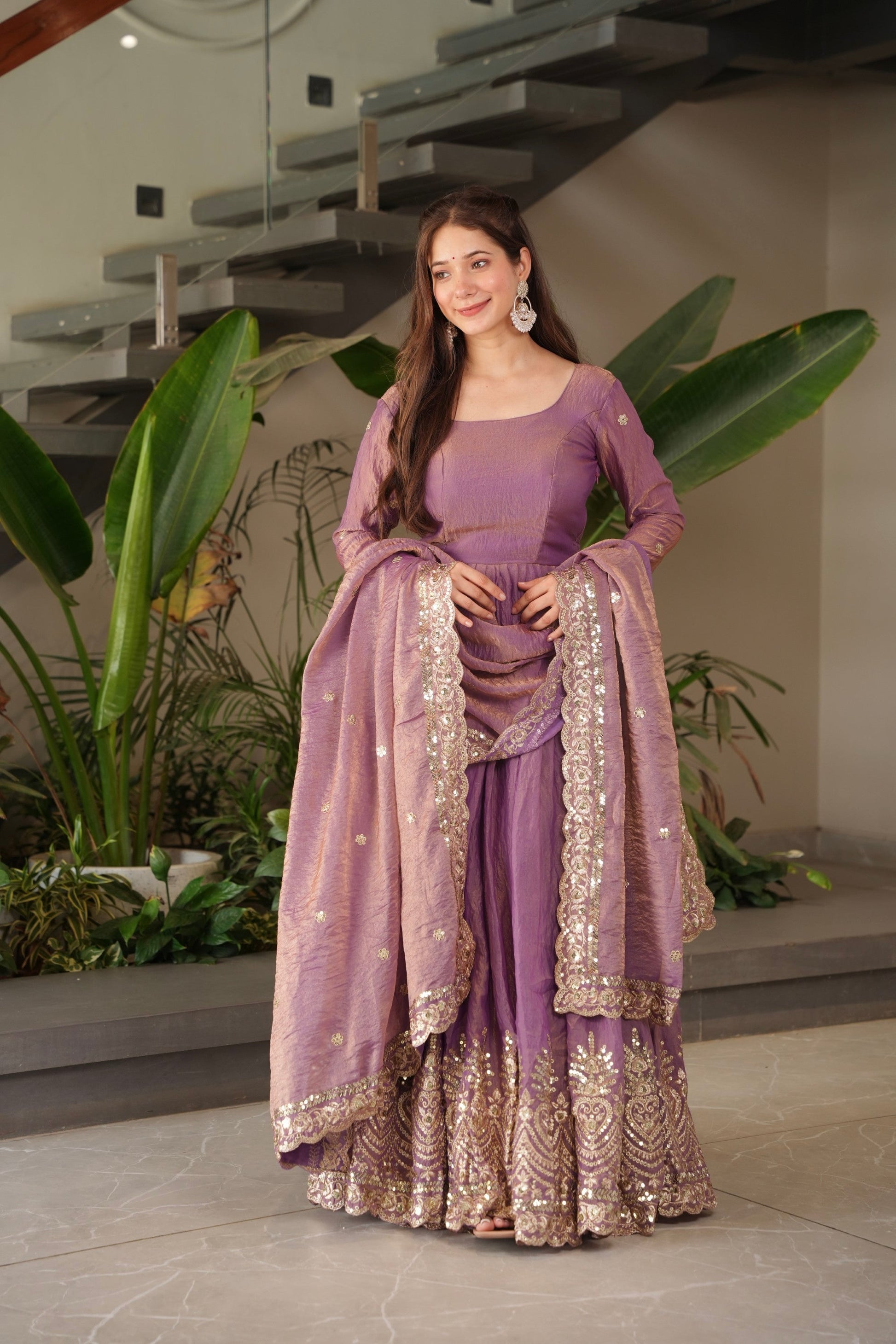 Lorenvalley Fashion Lavender Fendy Satin Embroidery Sequins Work Anarkali Gown with Dupatta | Swadesiicart