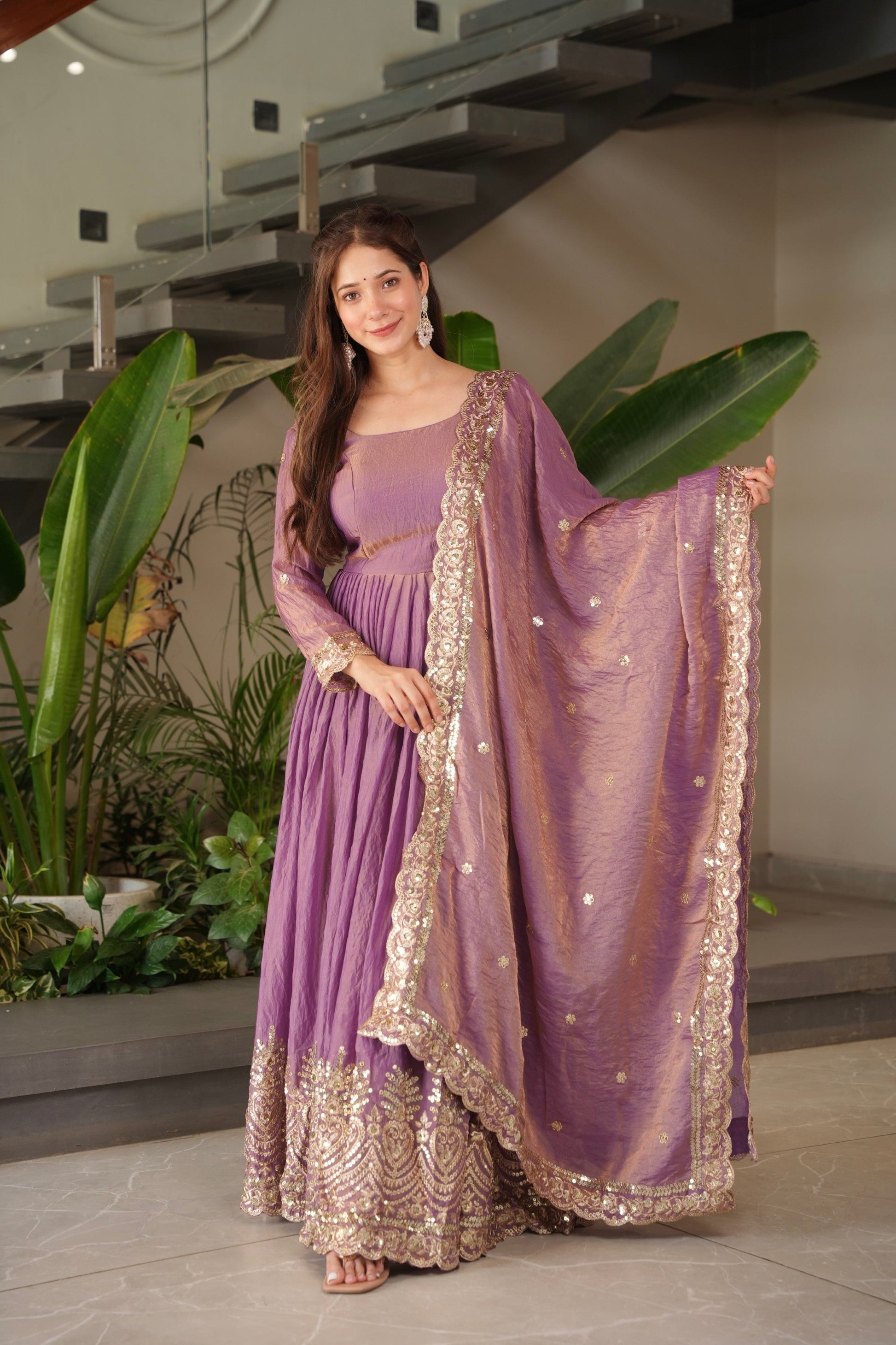 Lorenvalley Fashion Lavender Fendy Satin Embroidery Sequins Work Anarkali Gown with Dupatta | Swadesiicart