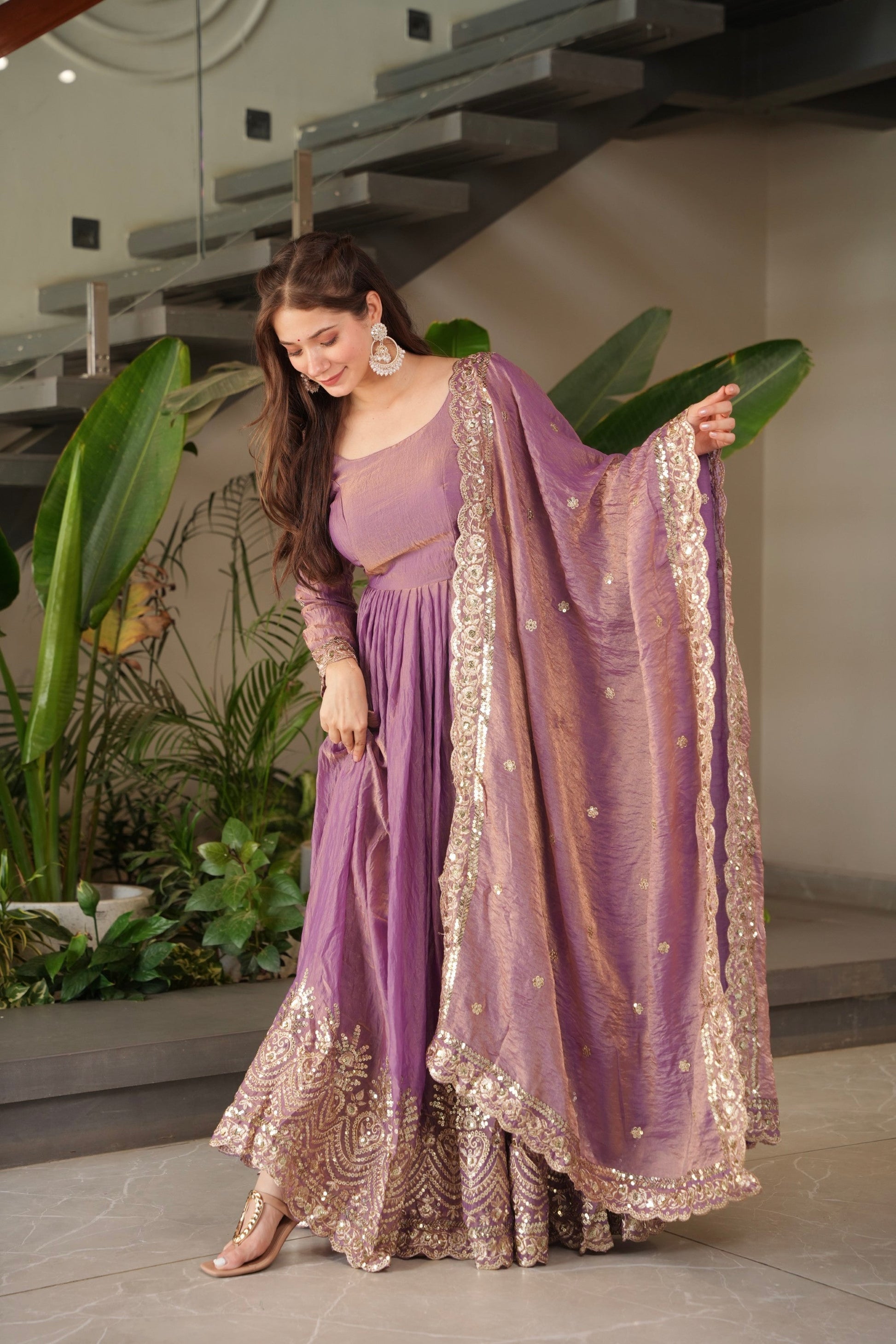 Lorenvalley Fashion Lavender Fendy Satin Embroidery Sequins Work Anarkali Gown with Dupatta | Swadesiicart