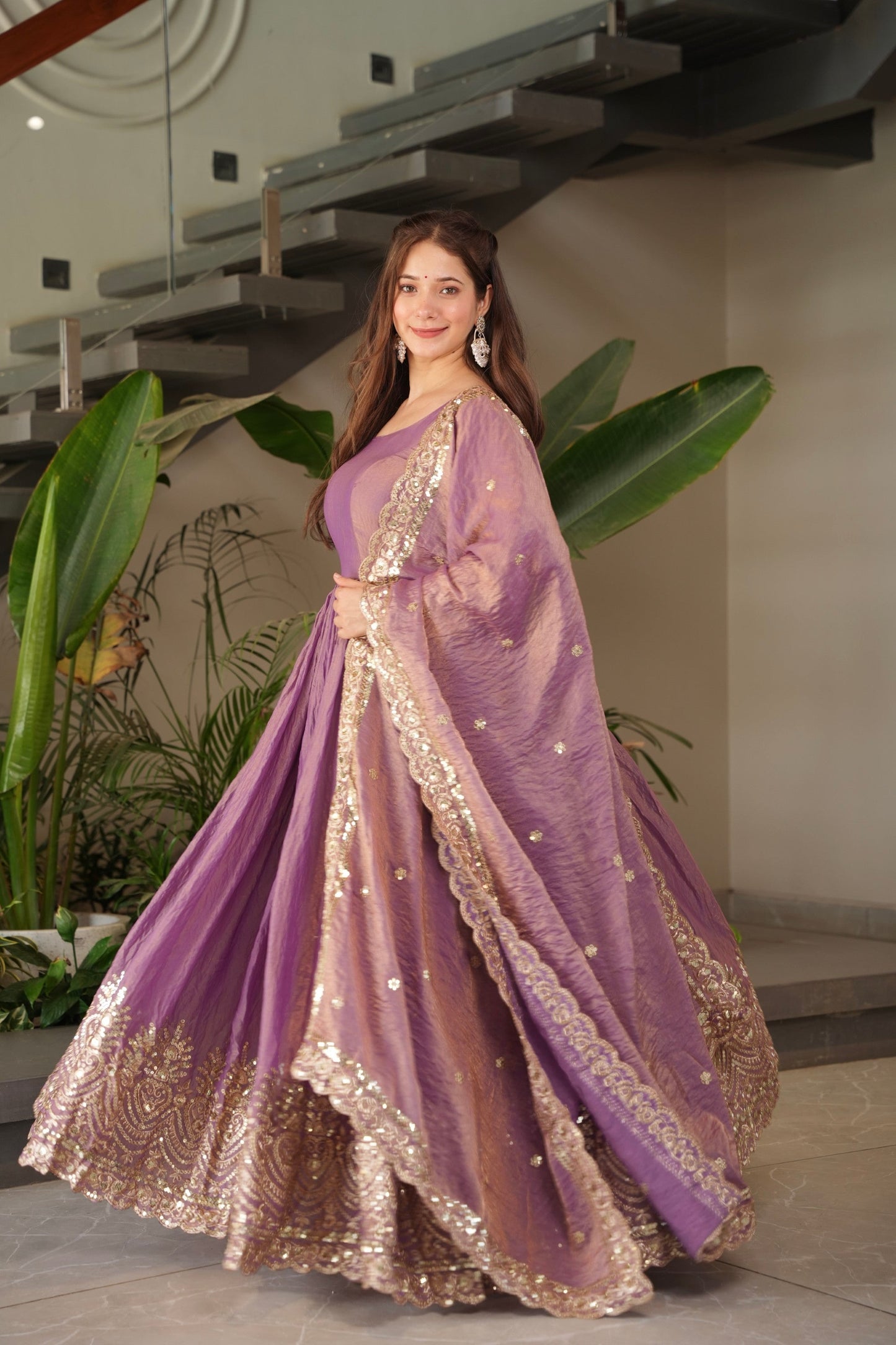 Lorenvalley Fashion Lavender Fendy Satin Embroidery Sequins Work Anarkali Gown with Dupatta | Swadesiicart