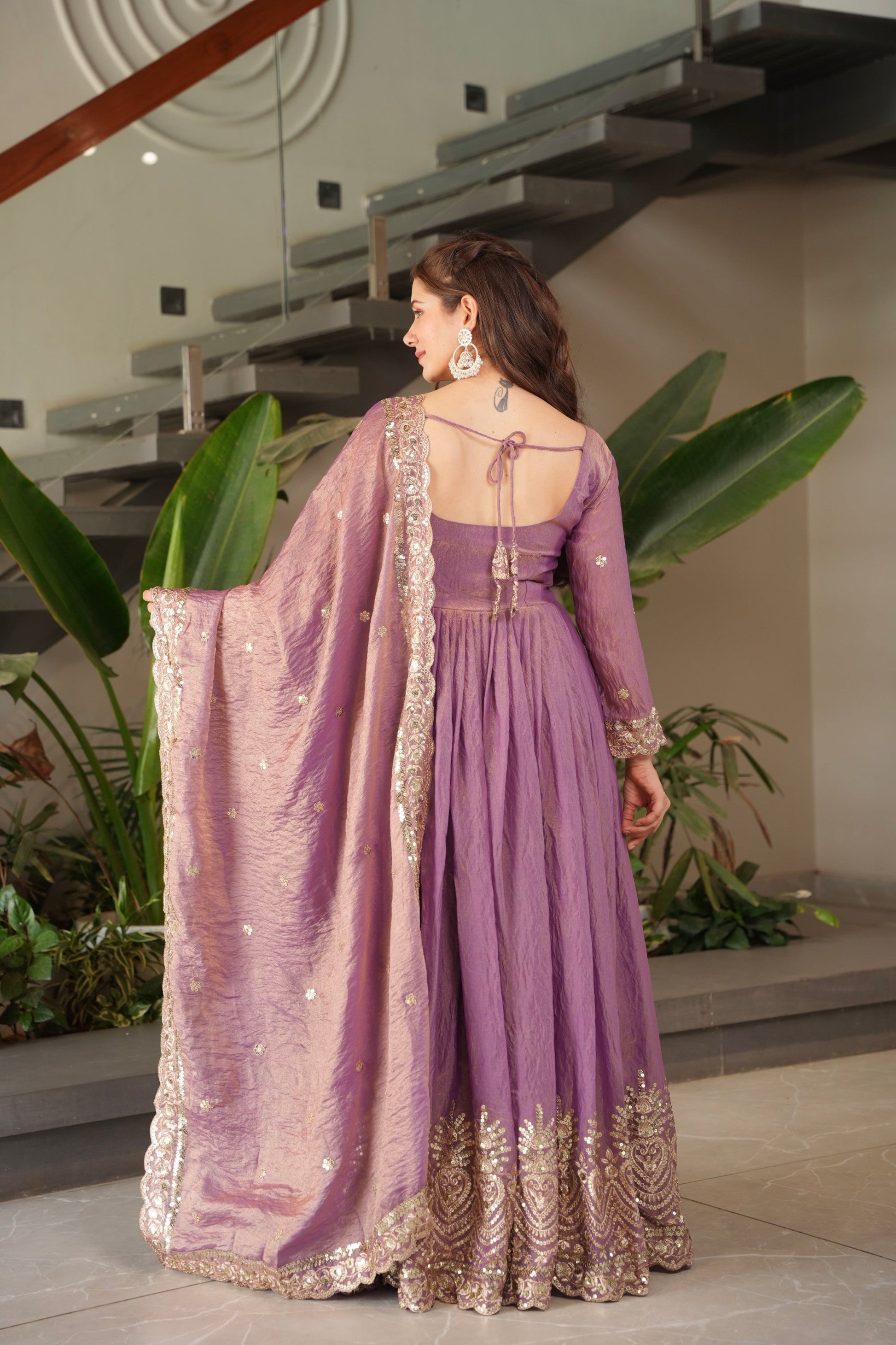 Lorenvalley Fashion Lavender Fendy Satin Embroidery Sequins Work Anarkali Gown with Dupatta | Swadesiicart