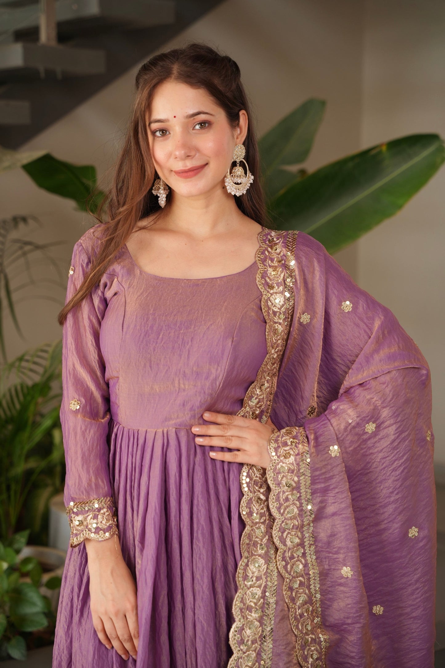Lorenvalley Fashion Lavender Fendy Satin Embroidery Sequins Work Anarkali Gown with Dupatta | Swadesiicart