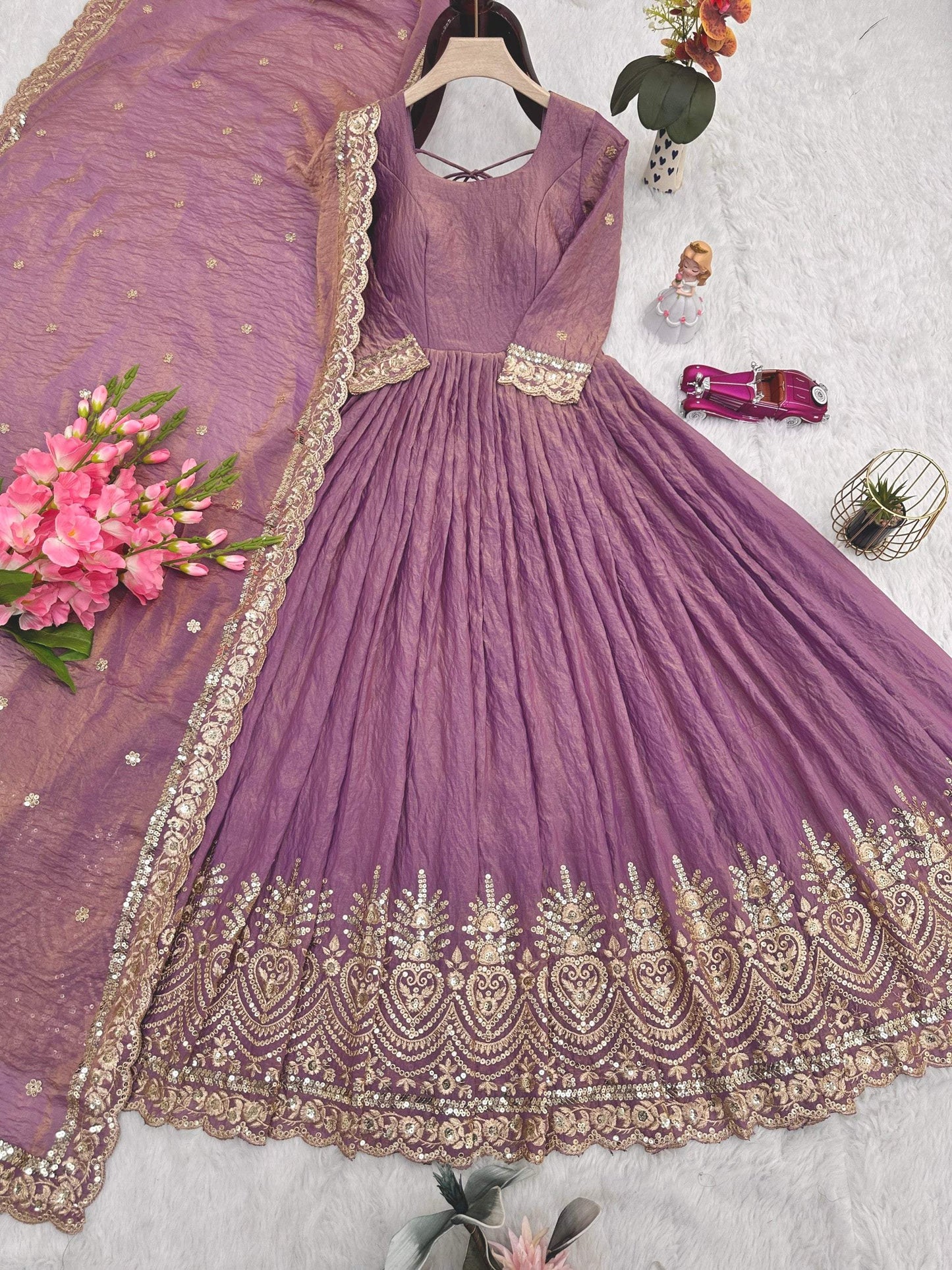 Lorenvalley Fashion Lavender Fendy Satin Embroidery Sequins Work Anarkali Gown with Dupatta | Swadesiicart