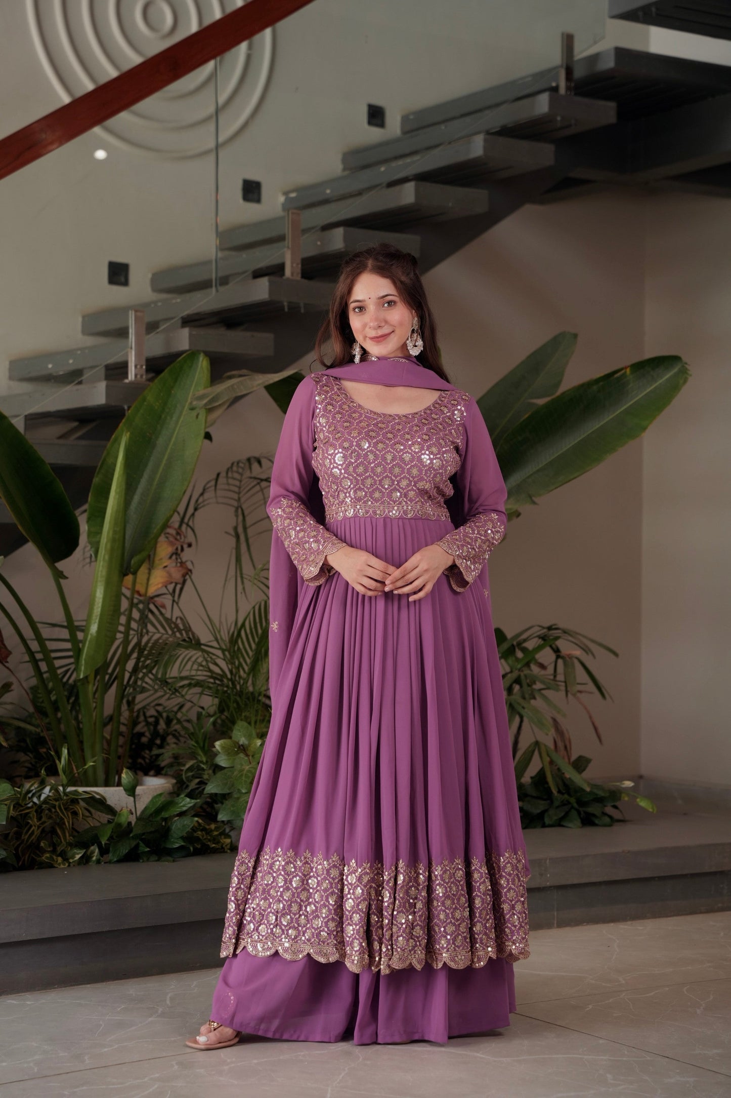 Lorenvalley Fashion Lavender Faux Georgette Embroidery & Sequins Work Anarkali Gown Sharara with Dupatta | Swadesiicart