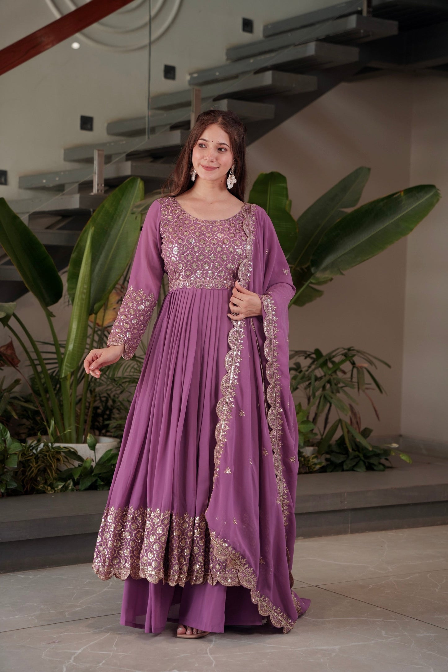 Lorenvalley Fashion Lavender Faux Georgette Embroidery & Sequins Work Anarkali Gown Sharara with Dupatta | Swadesiicart