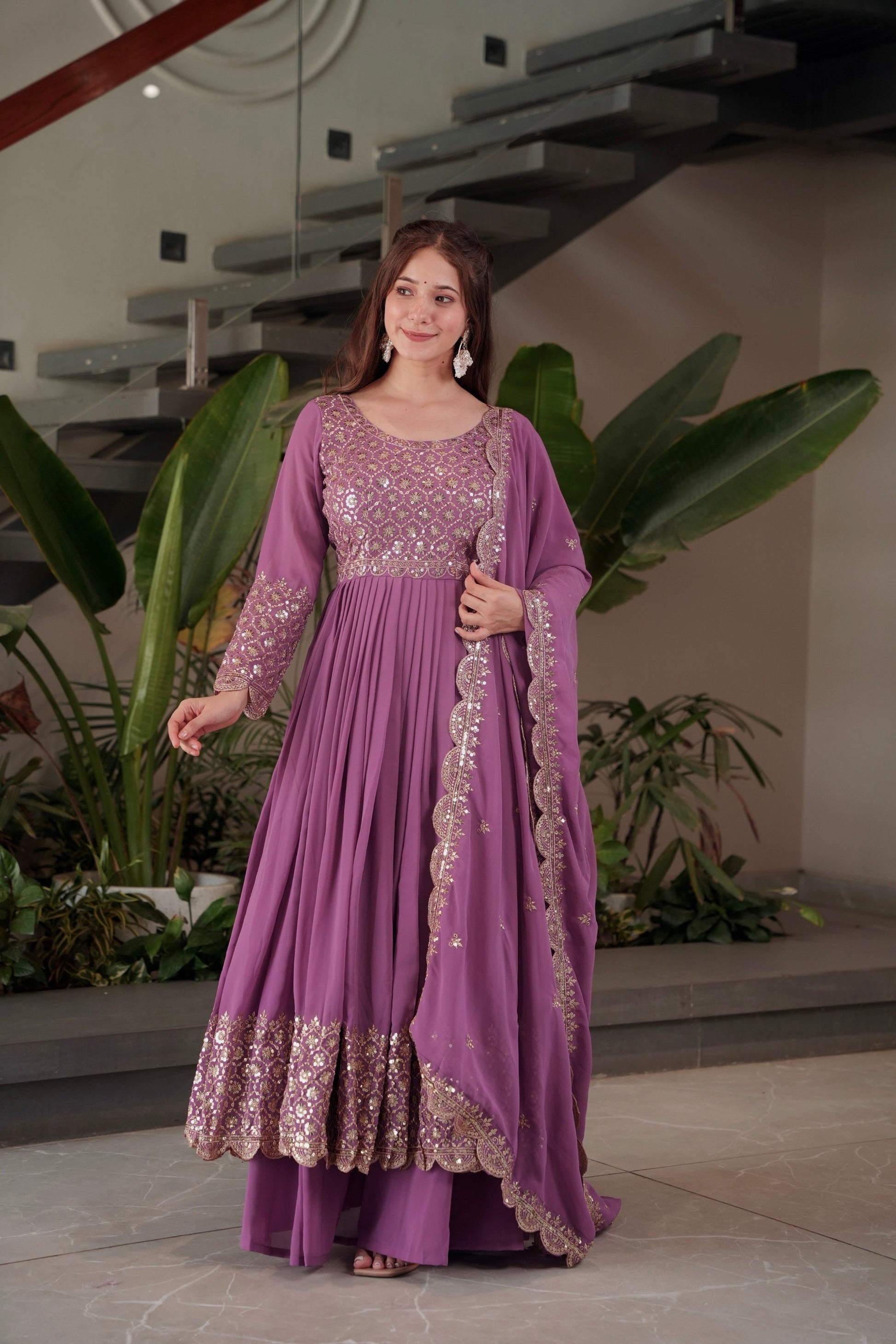 Lorenvalley Fashion Lavender Faux Georgette Embroidery & Sequins Work Anarkali Gown Sharara with Dupatta | Swadesiicart