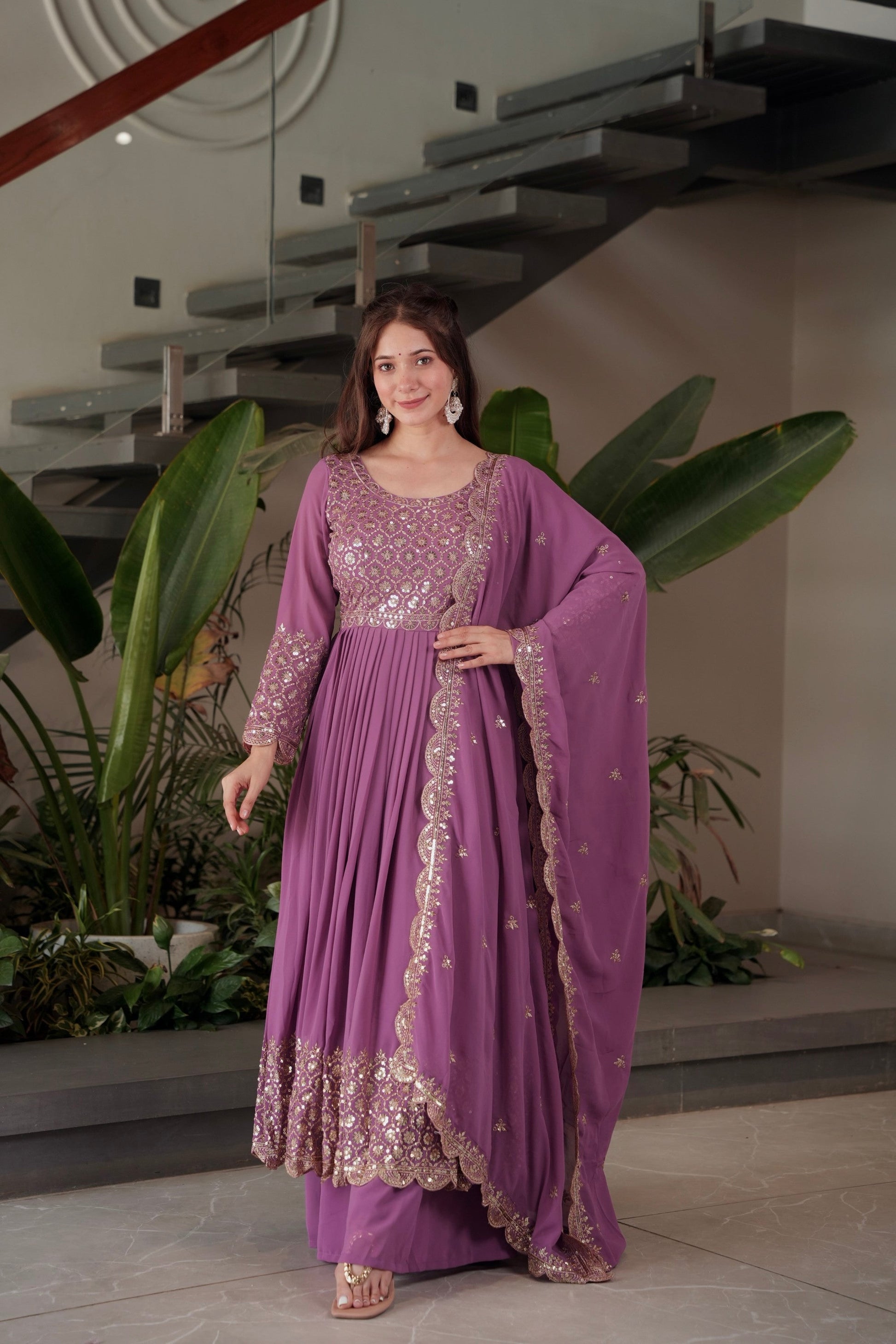 Lorenvalley Fashion Lavender Faux Georgette Embroidery & Sequins Work Anarkali Gown Sharara with Dupatta | Swadesiicart