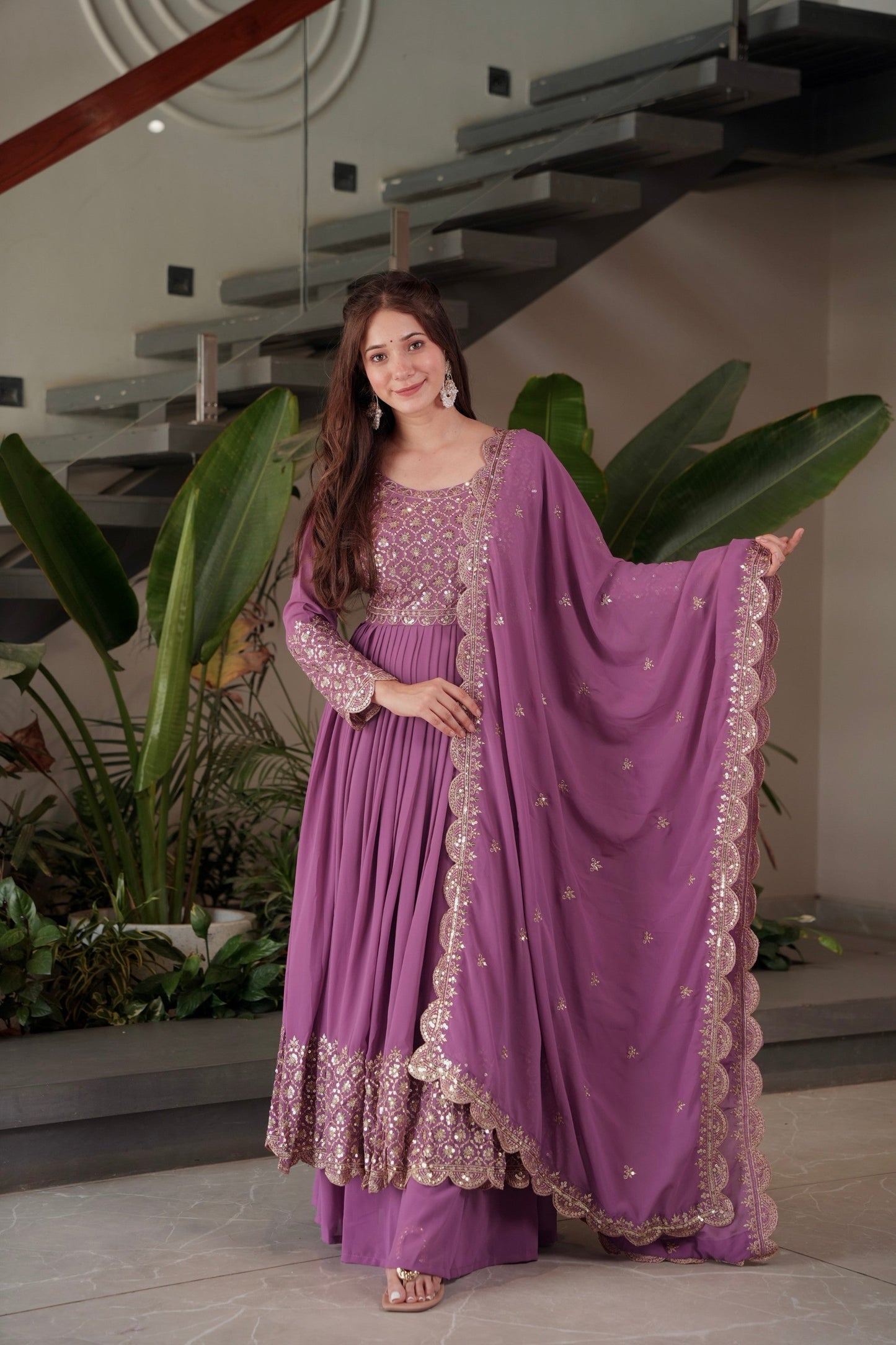 Lorenvalley Fashion Lavender Faux Georgette Embroidery & Sequins Work Anarkali Gown Sharara with Dupatta | Swadesiicart
