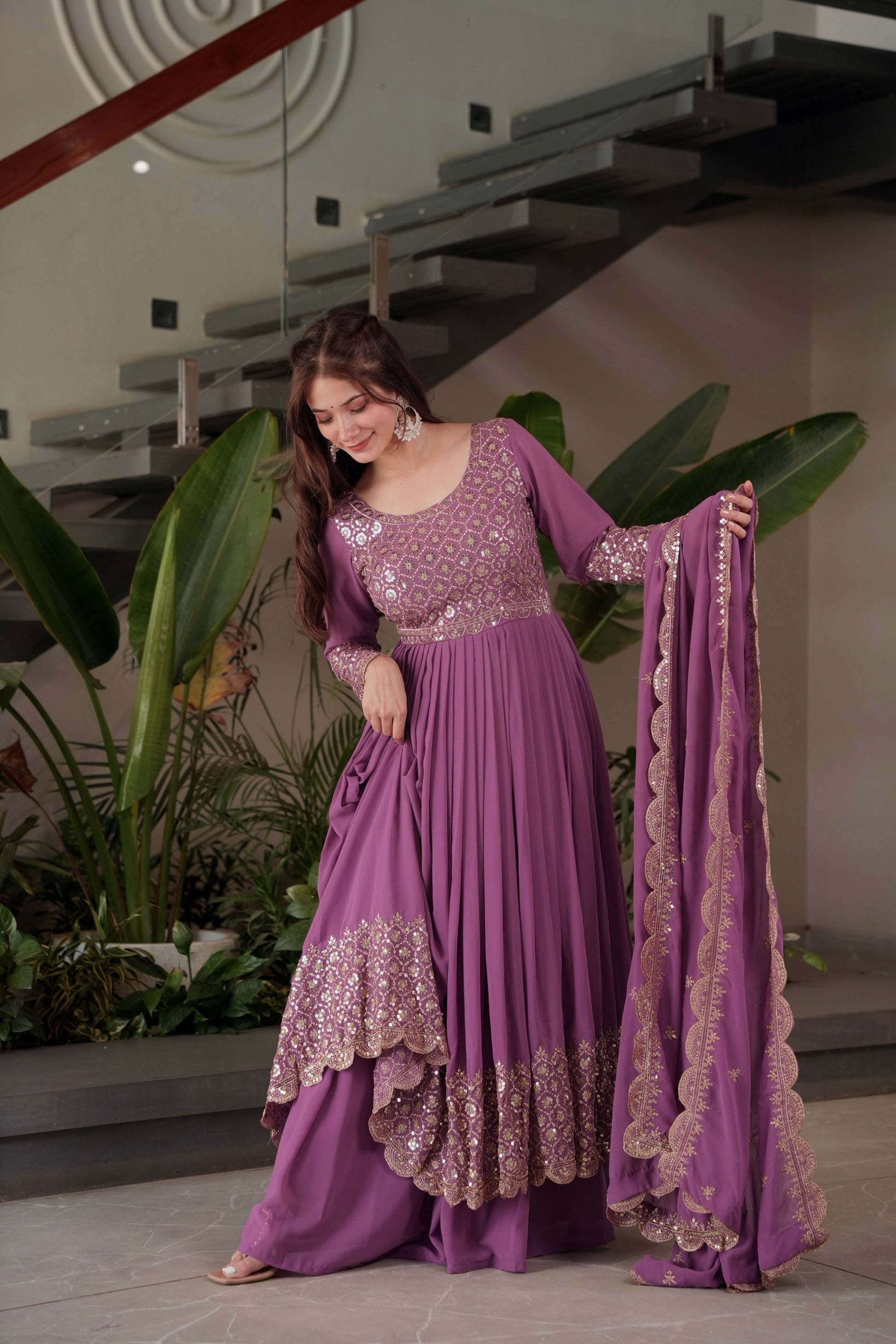 Lorenvalley Fashion Lavender Faux Georgette Embroidery & Sequins Work Anarkali Gown Sharara with Dupatta | Swadesiicart