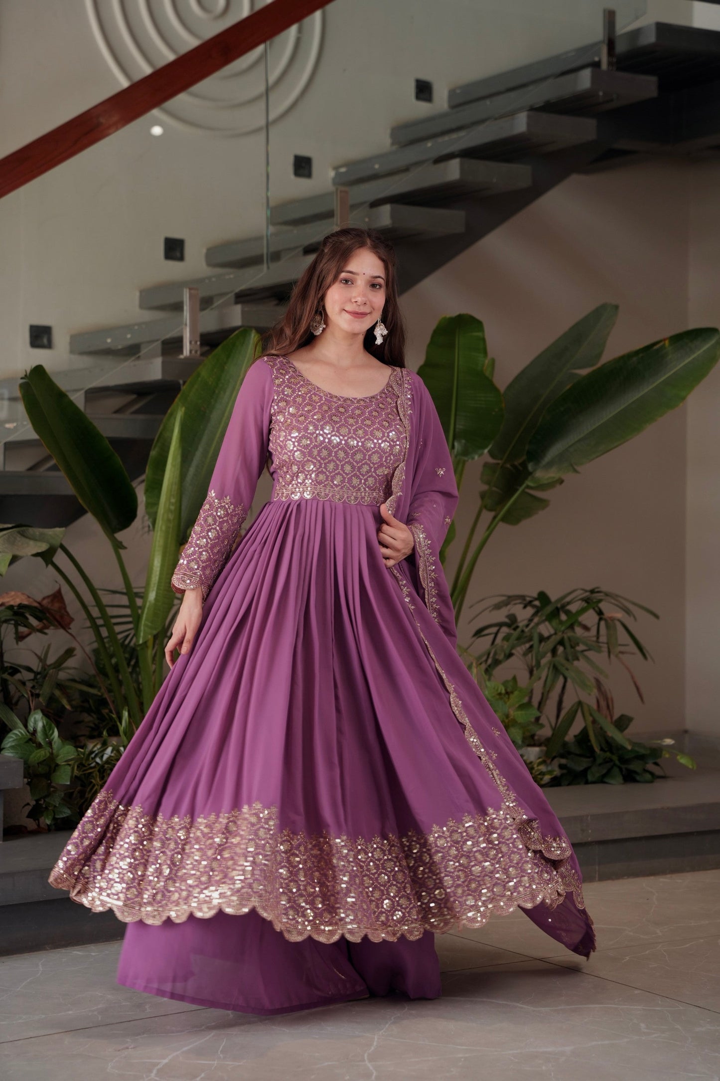 Lorenvalley Fashion Lavender Faux Georgette Embroidery & Sequins Work Anarkali Gown Sharara with Dupatta | Swadesiicart