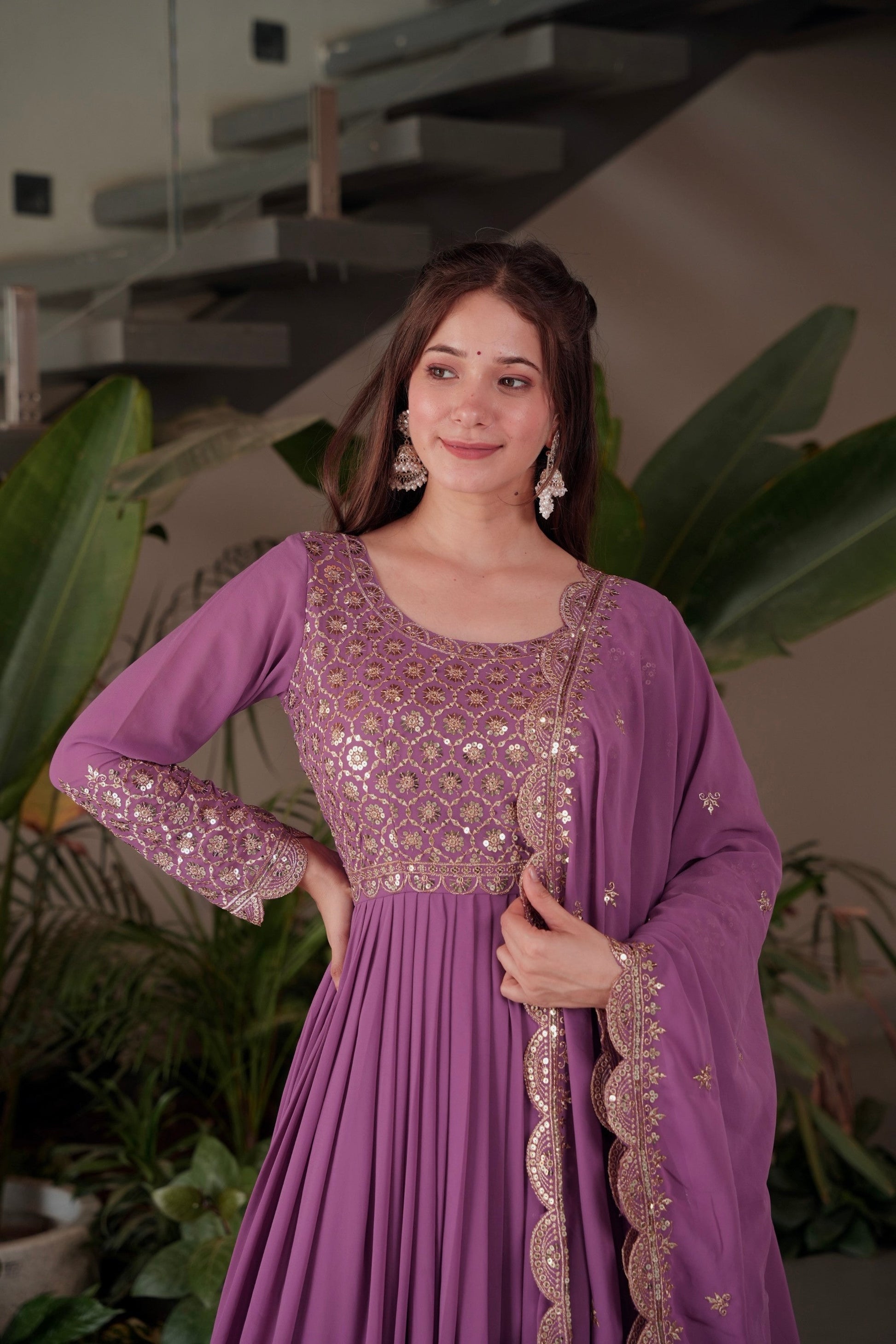 Lorenvalley Fashion Lavender Faux Georgette Embroidery & Sequins Work Anarkali Gown Sharara with Dupatta | Swadesiicart