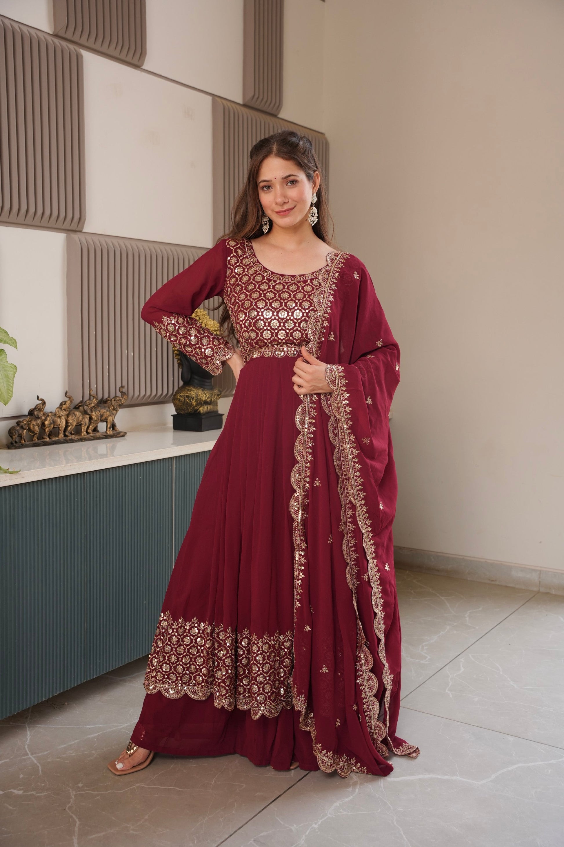 Lorenvalley Fashion Maroon Faux Georgette Embroidery & Sequins Work Anarkali Gown Sharara with Dupatta | Swadesiicart