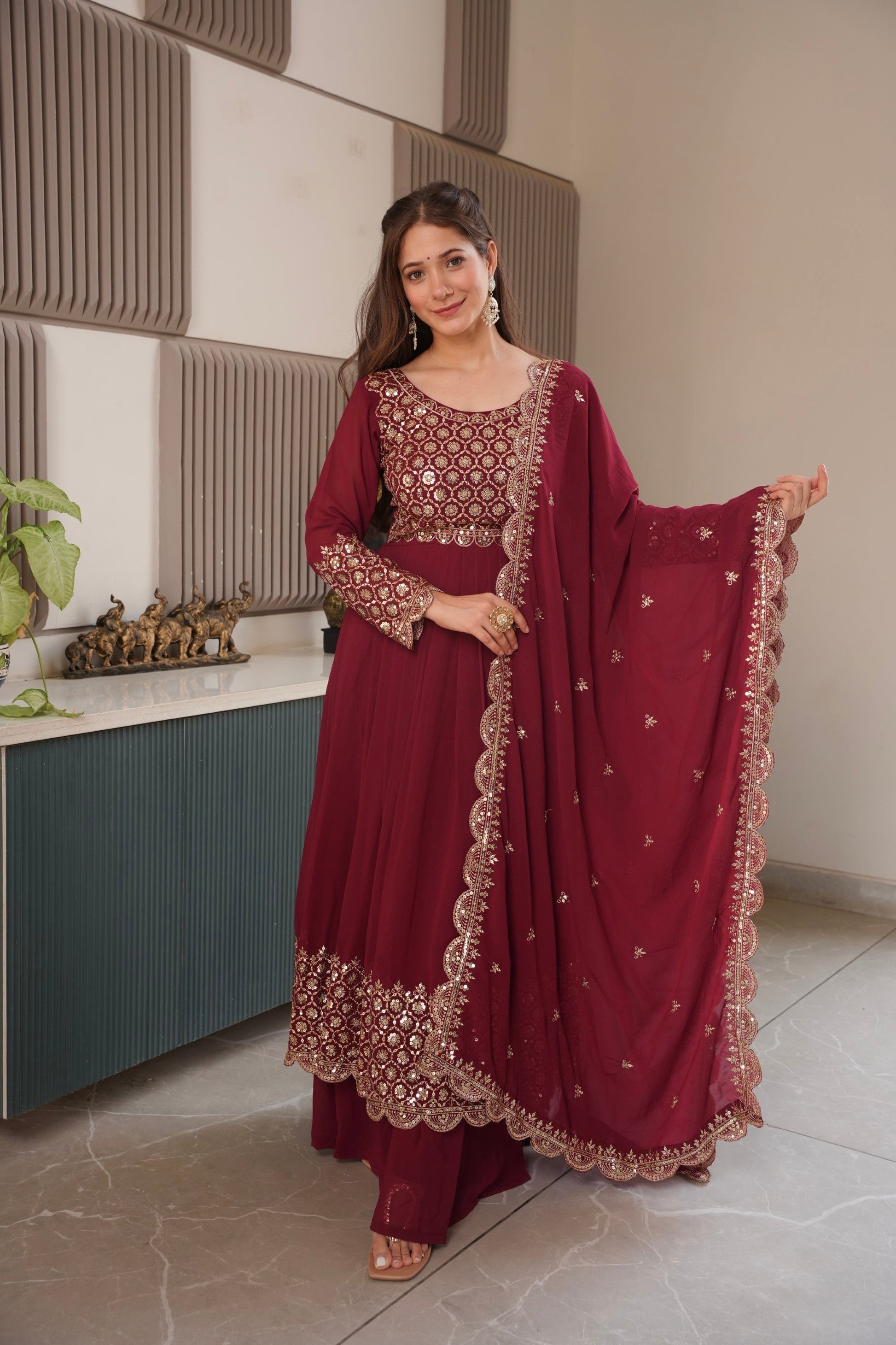 Lorenvalley Fashion Maroon Faux Georgette Embroidery & Sequins Work Anarkali Gown Sharara with Dupatta | Swadesiicart