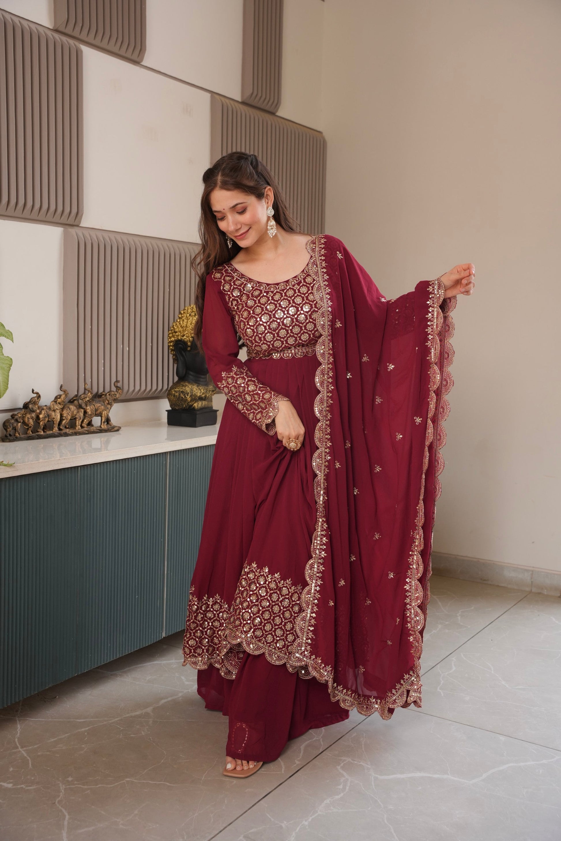 Lorenvalley Fashion Maroon Faux Georgette Embroidery & Sequins Work Anarkali Gown Sharara with Dupatta | Swadesiicart