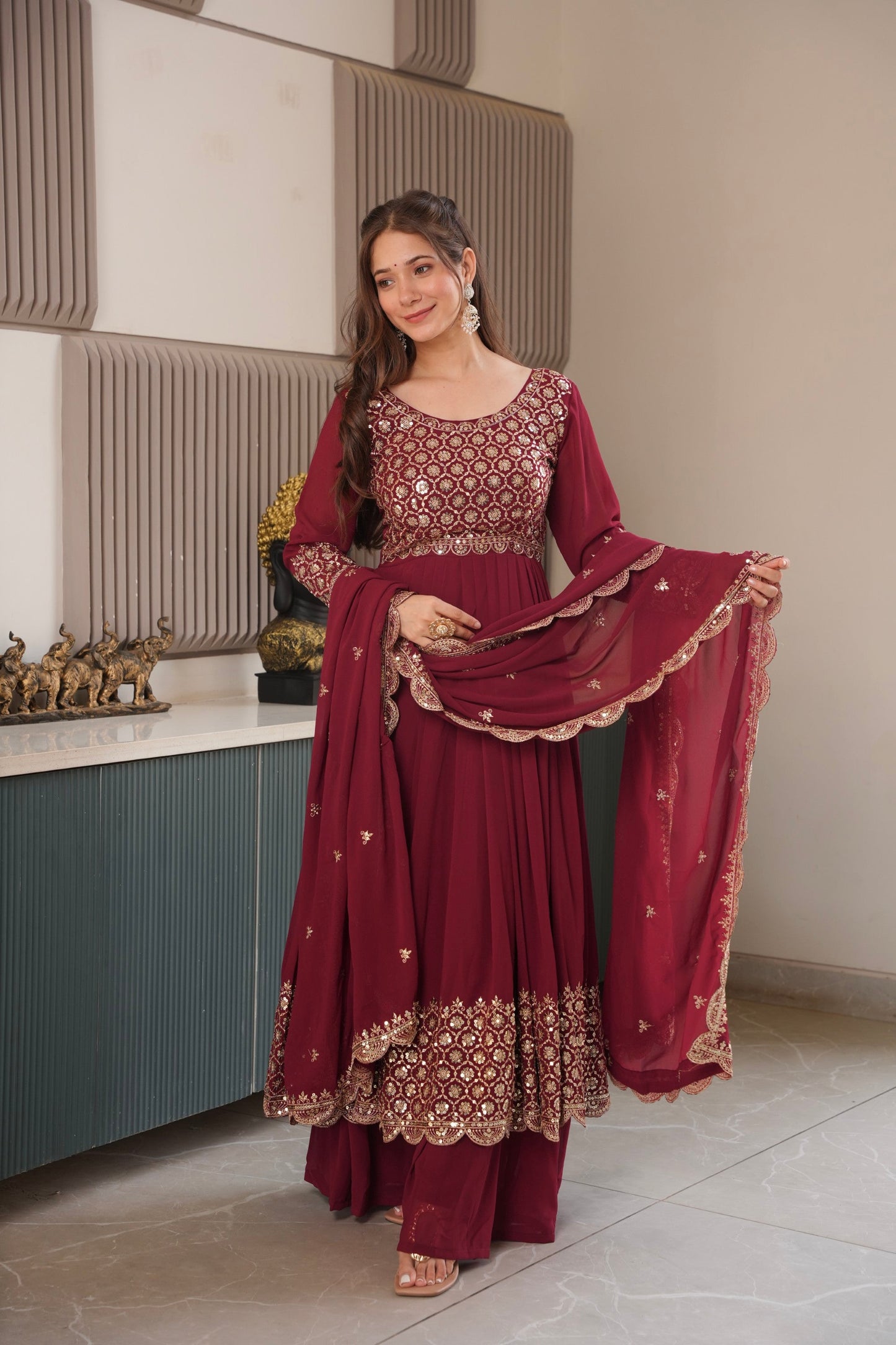 Lorenvalley Fashion Maroon Faux Georgette Embroidery & Sequins Work Anarkali Gown Sharara with Dupatta | Swadesiicart