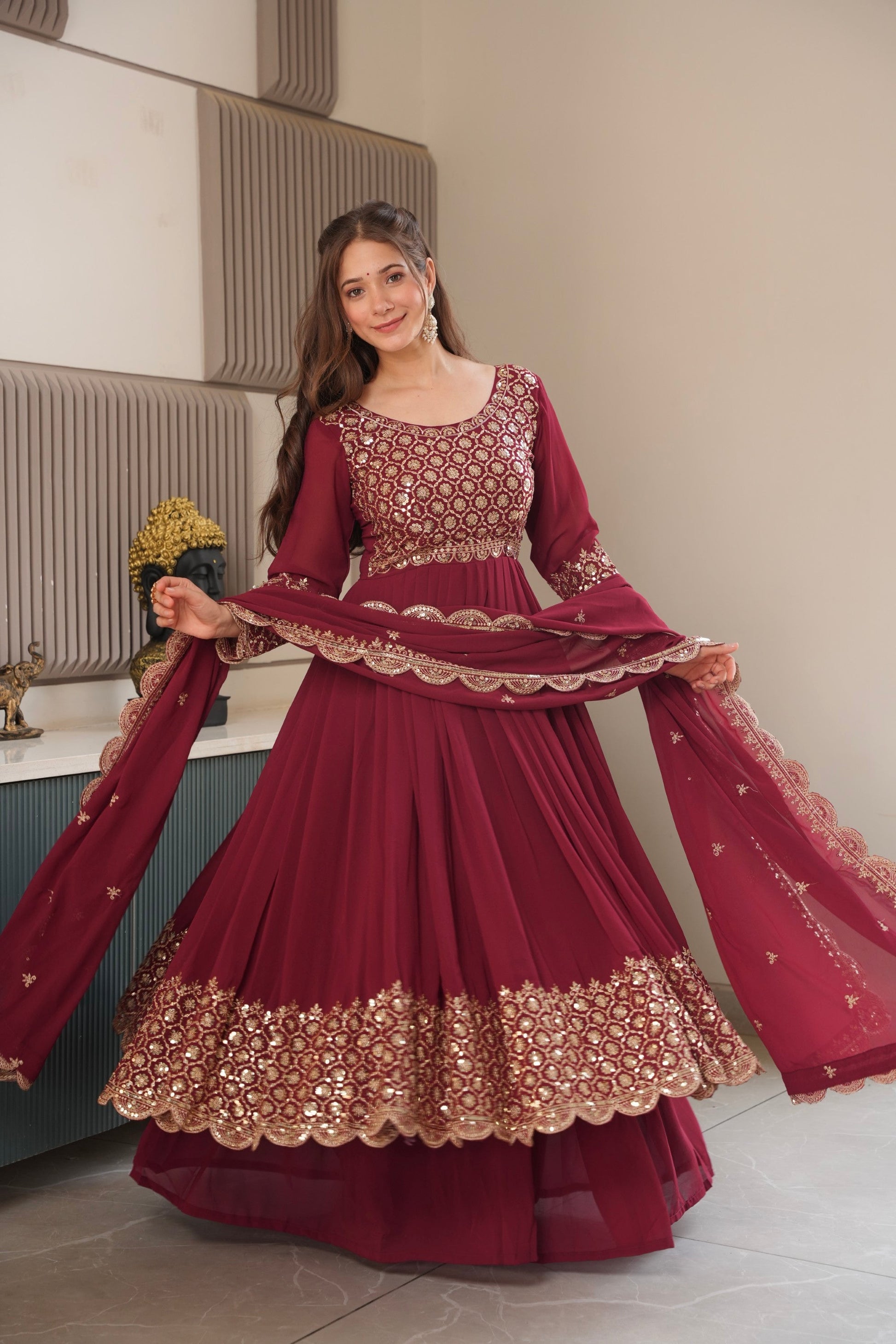 Lorenvalley Fashion Maroon Faux Georgette Embroidery & Sequins Work Anarkali Gown Sharara with Dupatta | Swadesiicart