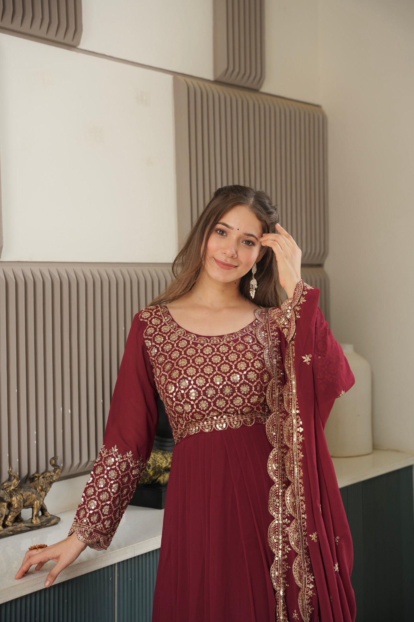 Lorenvalley Fashion Maroon Faux Georgette Embroidery & Sequins Work Anarkali Gown Sharara with Dupatta | Swadesiicart