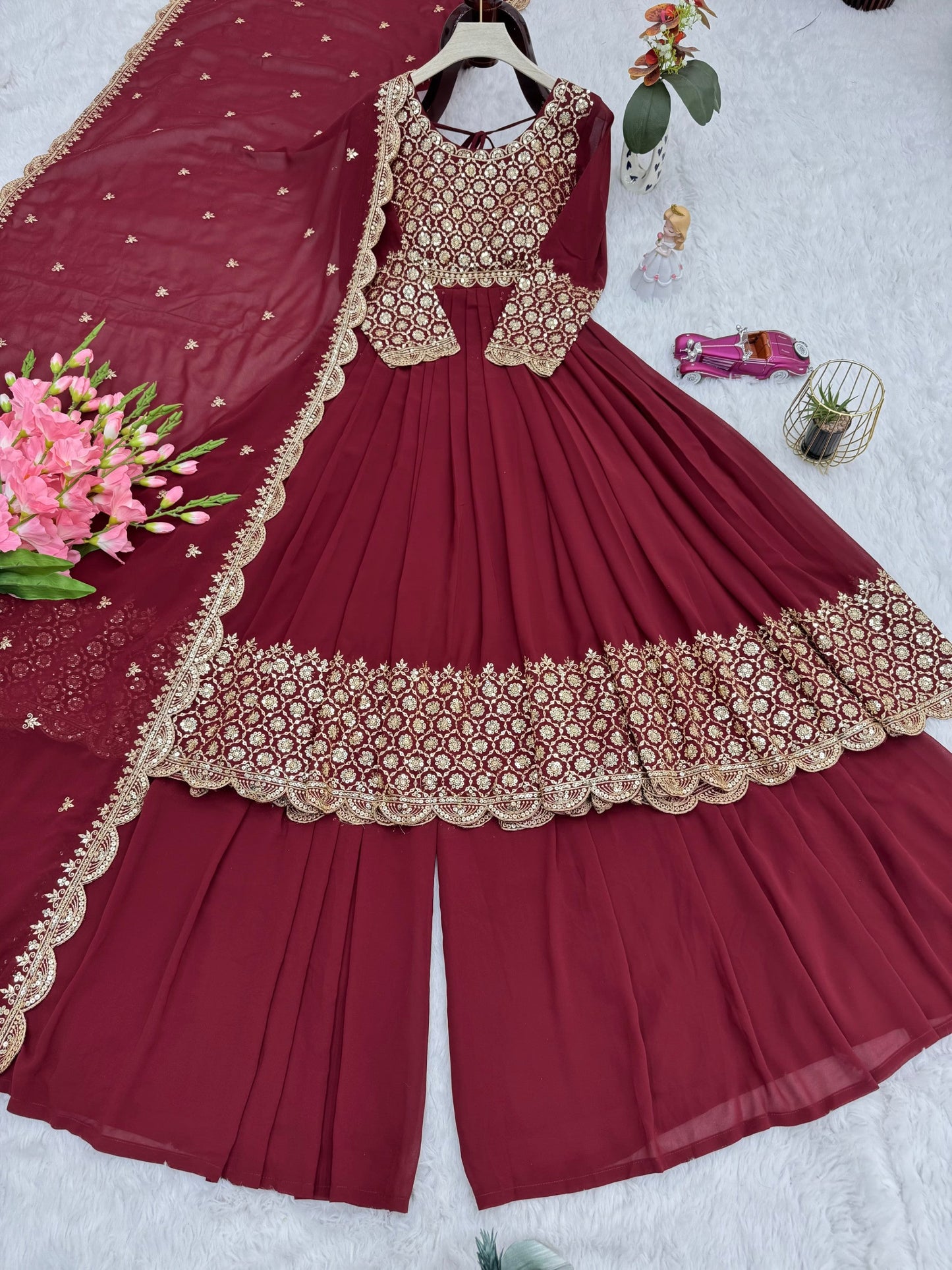 Lorenvalley Fashion Maroon Faux Georgette Embroidery & Sequins Work Anarkali Gown Sharara with Dupatta | Swadesiicart