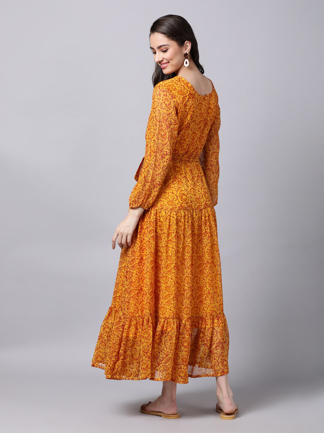Souchii Yellow Floral Layered Chiffon Maxi Dress - Swadesiicart