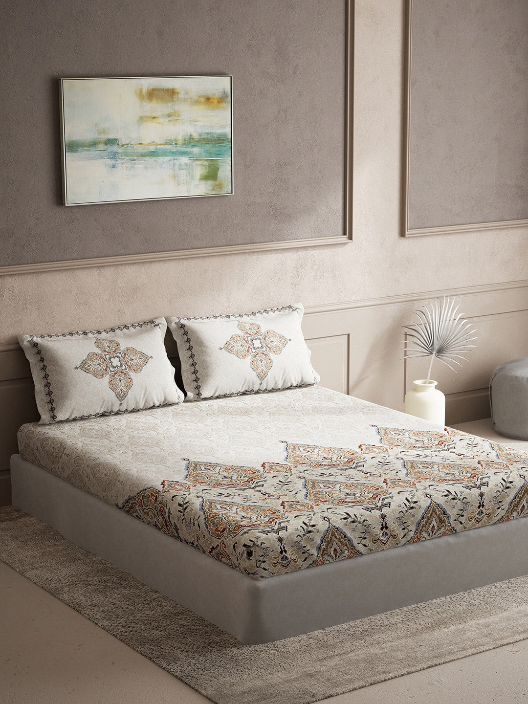 DDecor Orange & Red Ethnic Motifs Cotton 140 TC King Bedsheet With 2 Pillow Covers - Swadesiicart