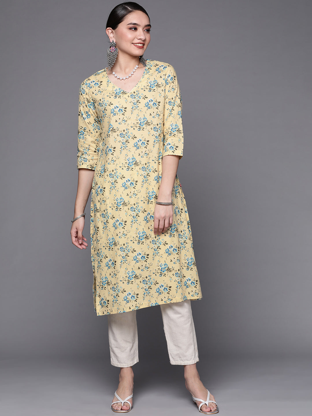 Biba Women Cream-Coloured & Blue Pure Cotton Floral Print Straight Kurta - Swadesiicart